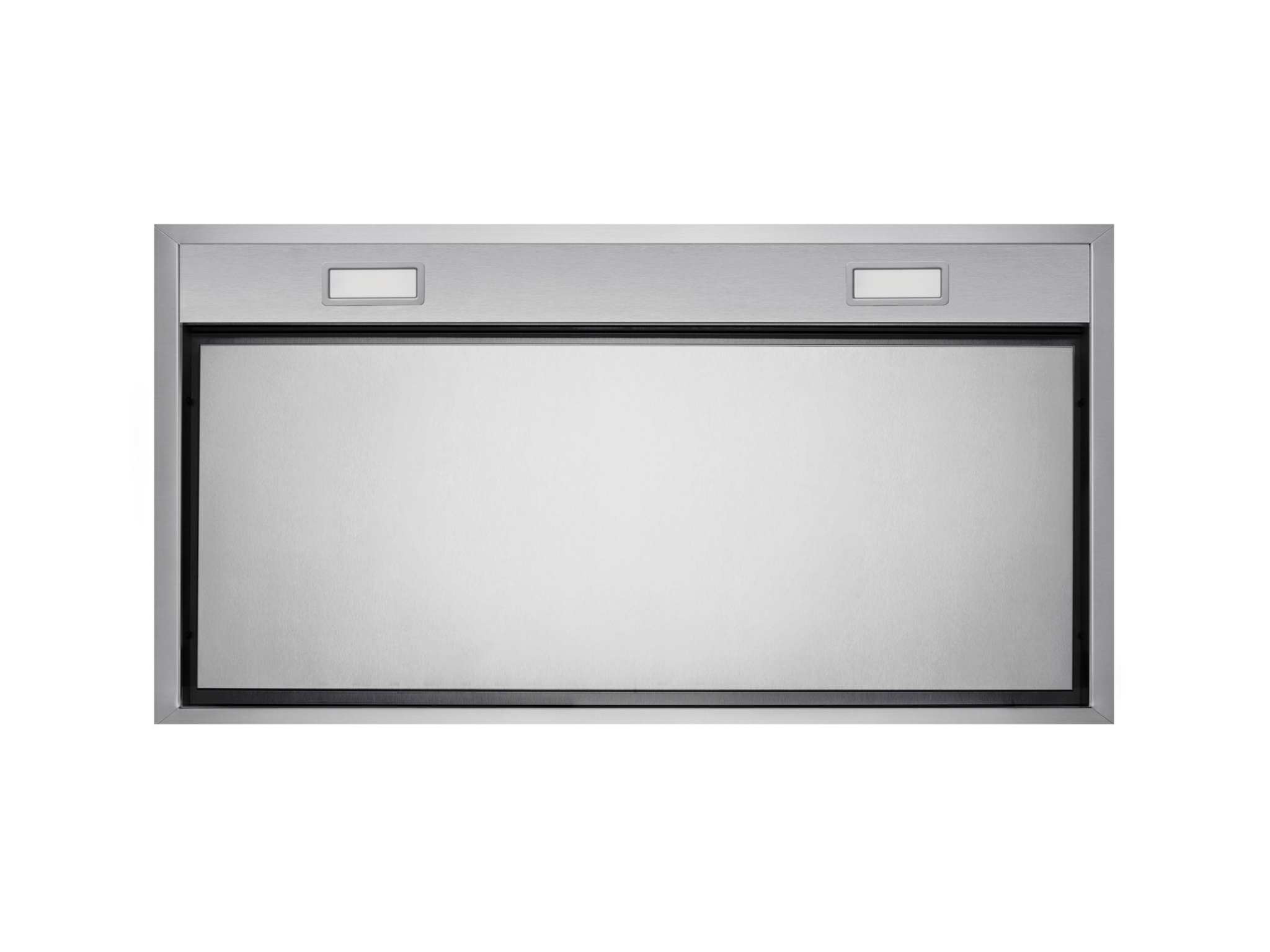 Stainless steel insert range hood with front frame and two small rectangular vent controls