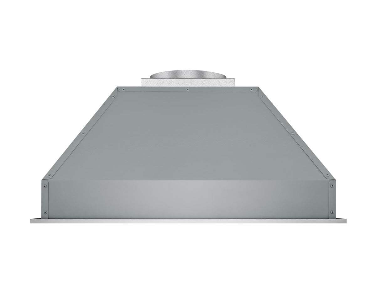 Stainless steel insert range hood top view with round duct outlet