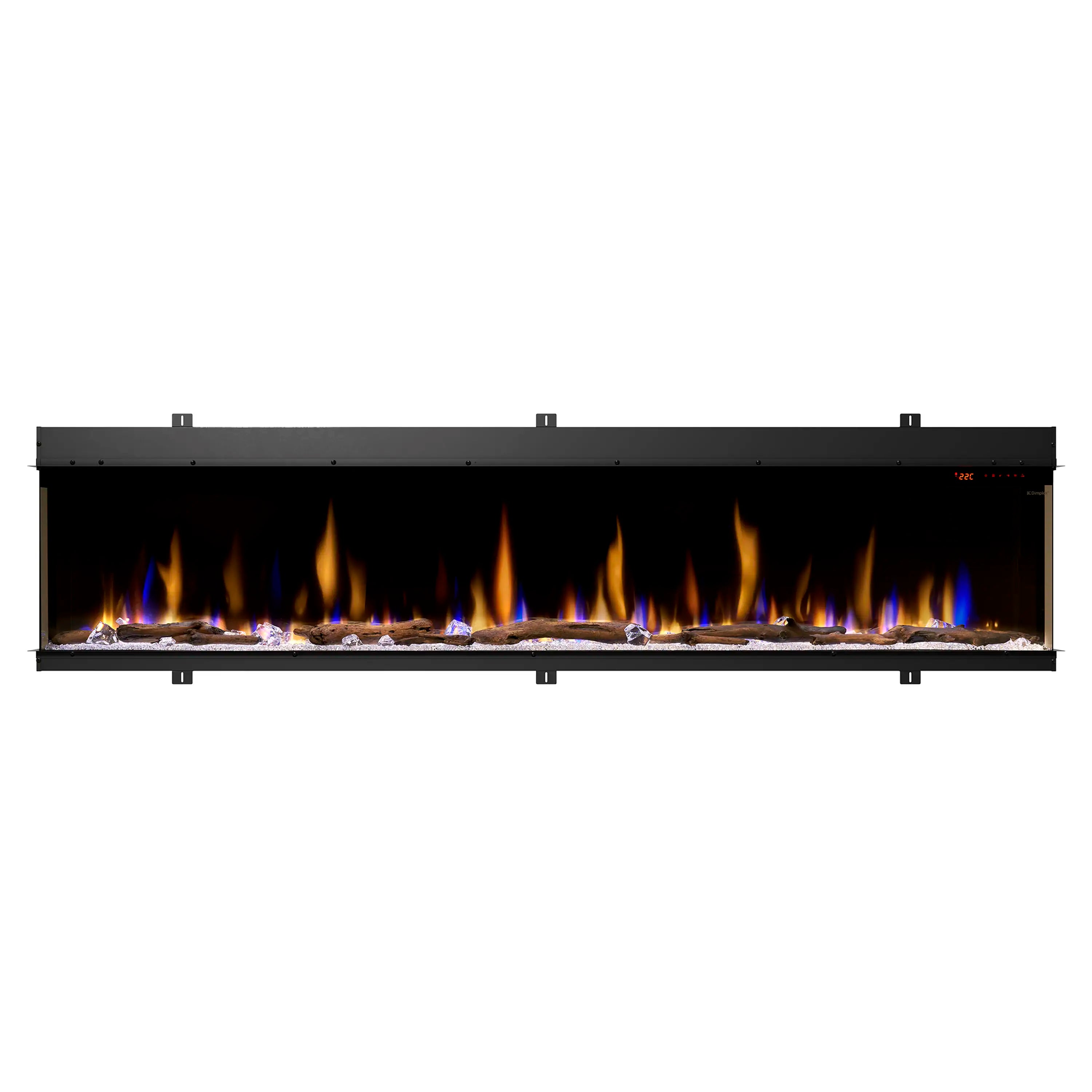 Black linear electric fireplace insert with steady flame effect over the log bed