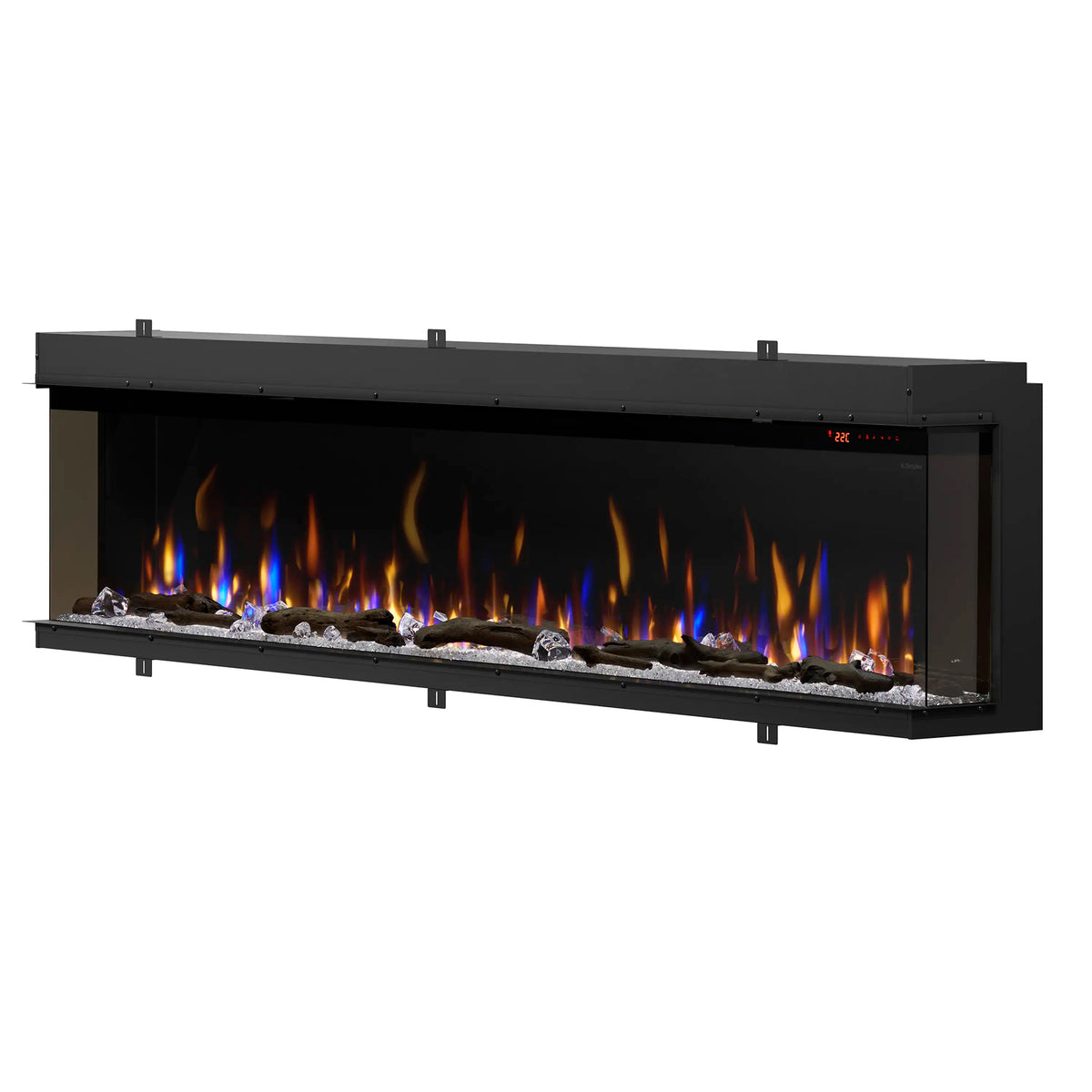 Black built-in linear electric fireplace with flame effect, ember bed, and control panel