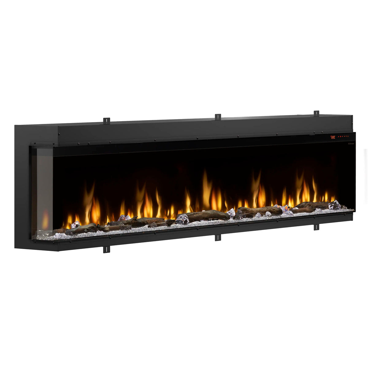 Built-in linear electric fireplace insert with black frame and orange flames