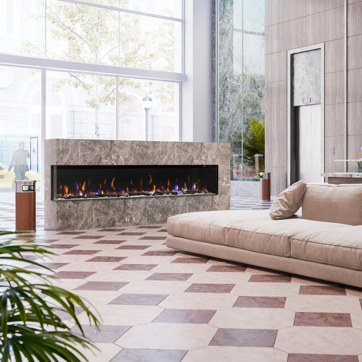Built-in linear electric fireplace in stone surround with orange flame display
