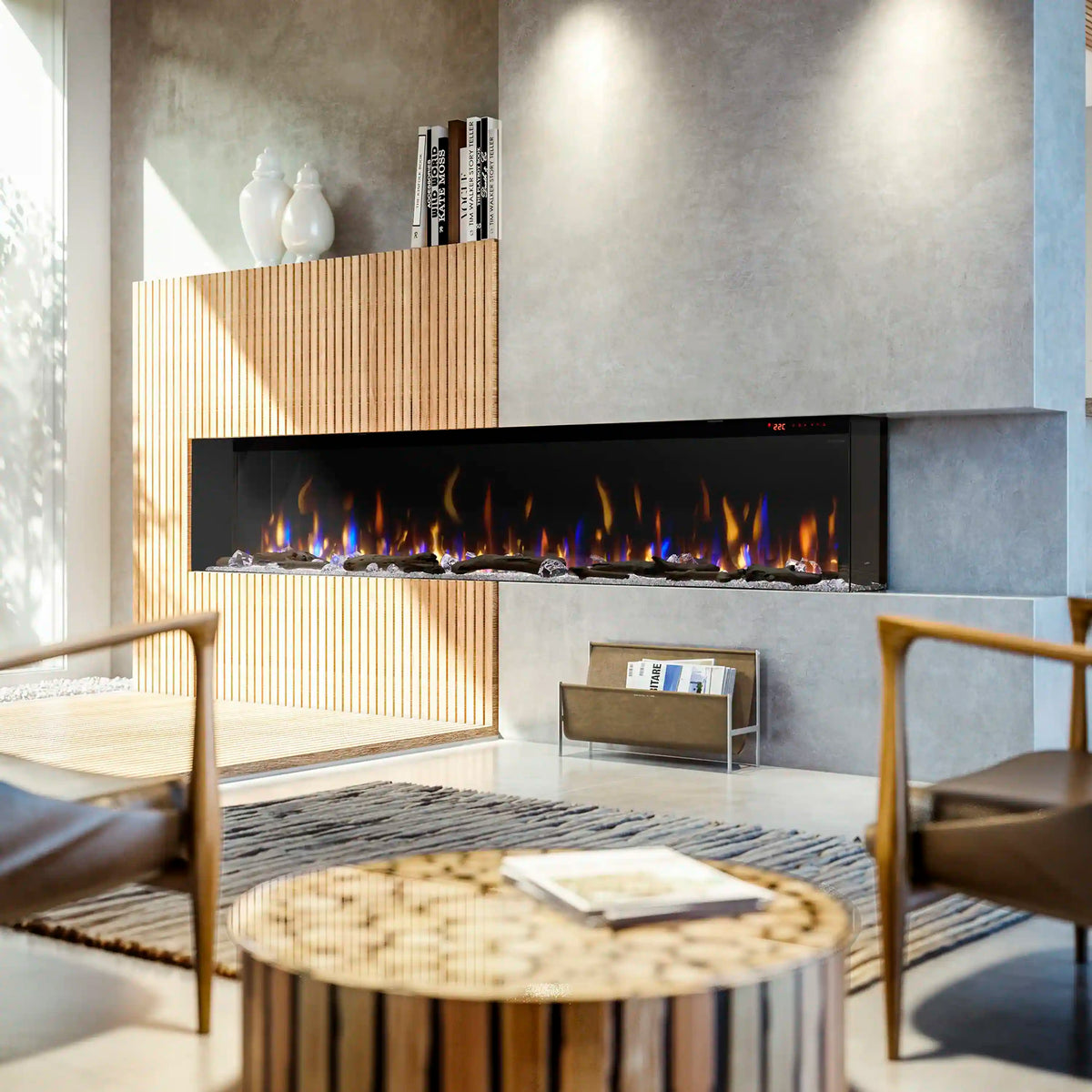 Built-in linear electric fireplace with black surround and realistic flame effect