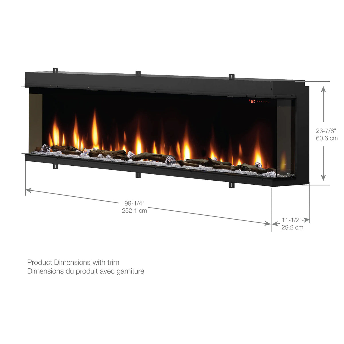 Black built-in linear electric fireplace with flame display; side view and size markings
