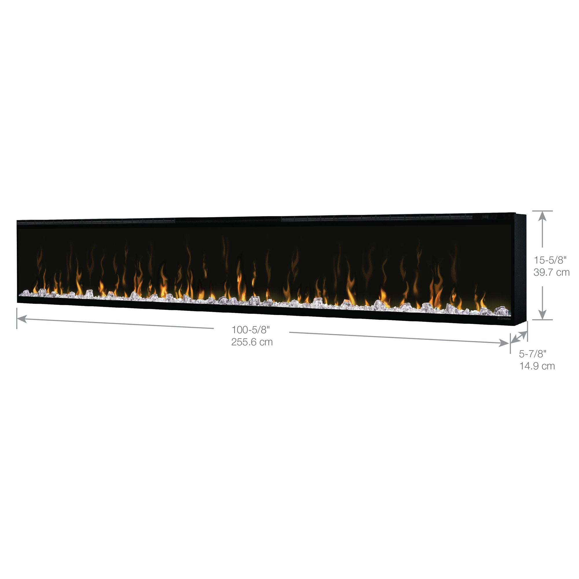 Long linear electric fireplace insert showing orange and yellow flame effect, black frame