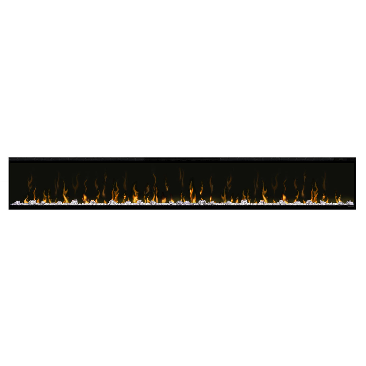 Built-in linear electric fireplace insert with orange flame effect behind black viewing panel