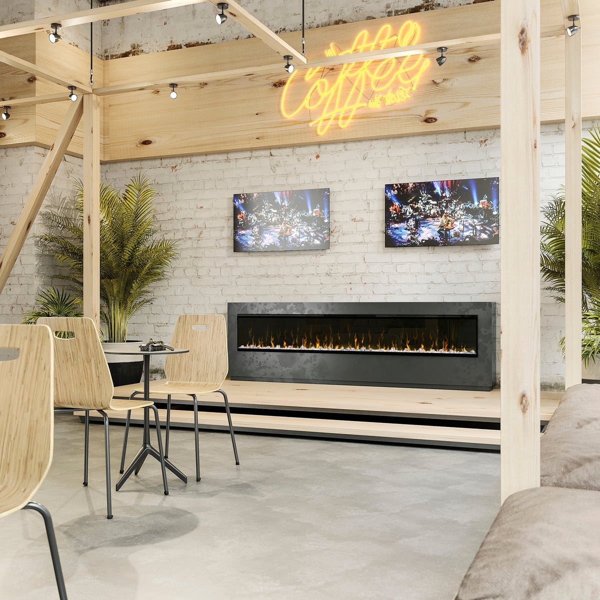 Linear electric fireplace with orange flame effect in a black wall-mounted frame