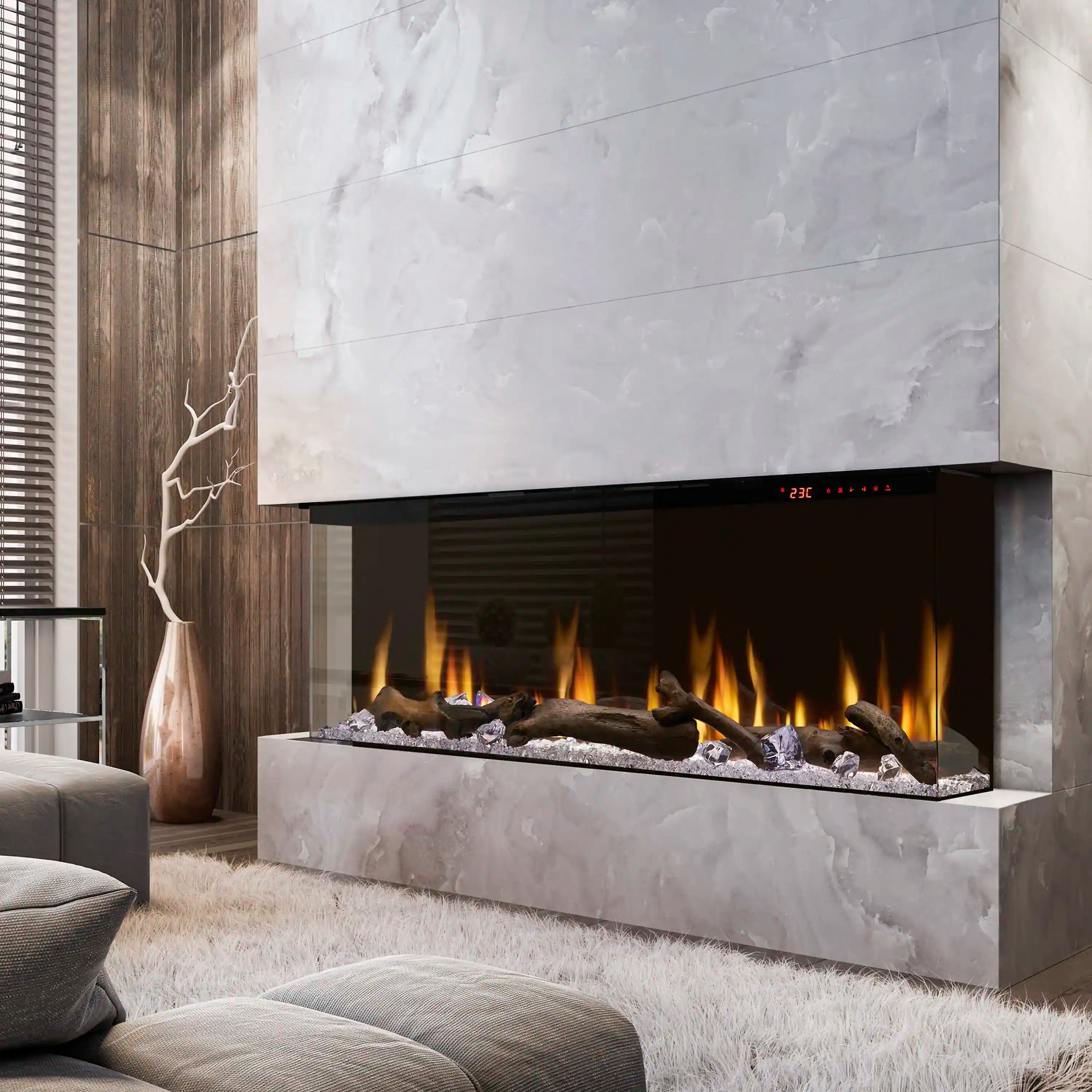 Built-in linear electric fireplace with glowing flames and gray stone bed