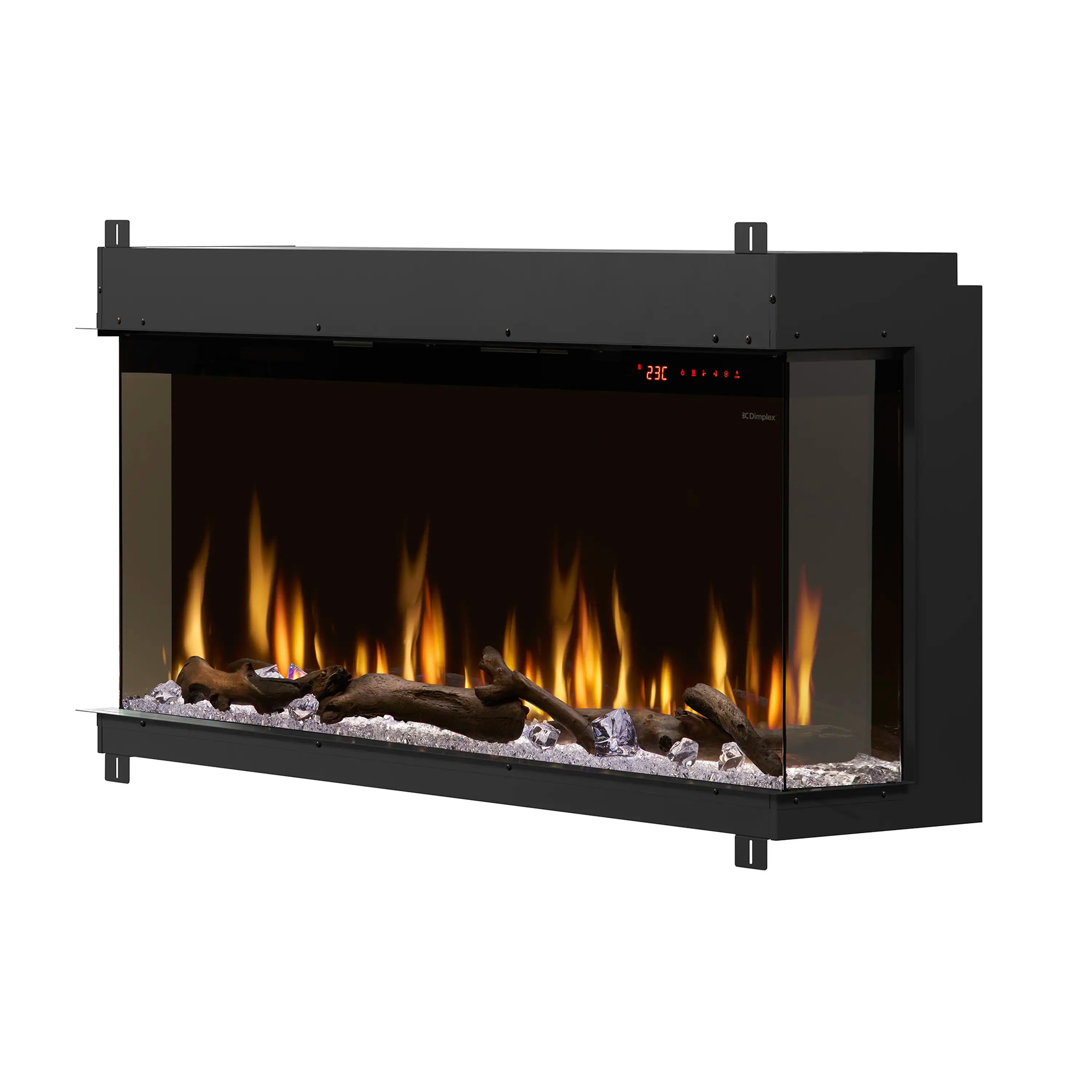 Built-in linear electric fireplace with black housing and glowing flames over faux logs