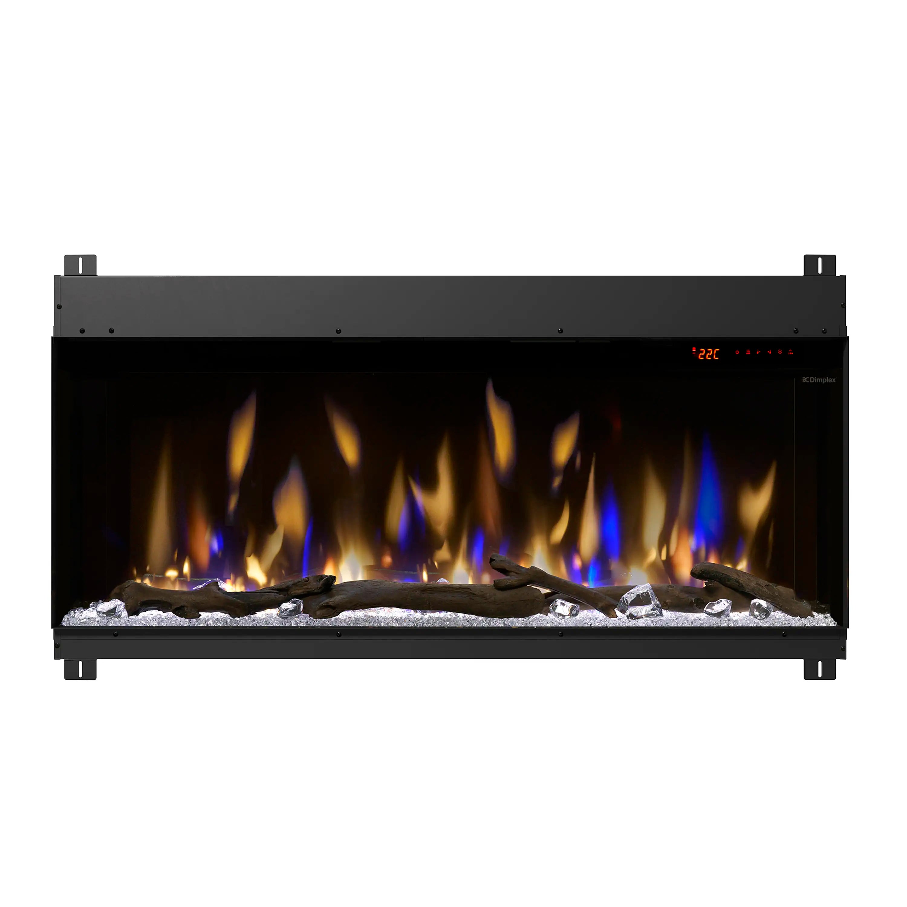 Linear electric fireplace with black surround, glowing flames, and faux log and rock bed