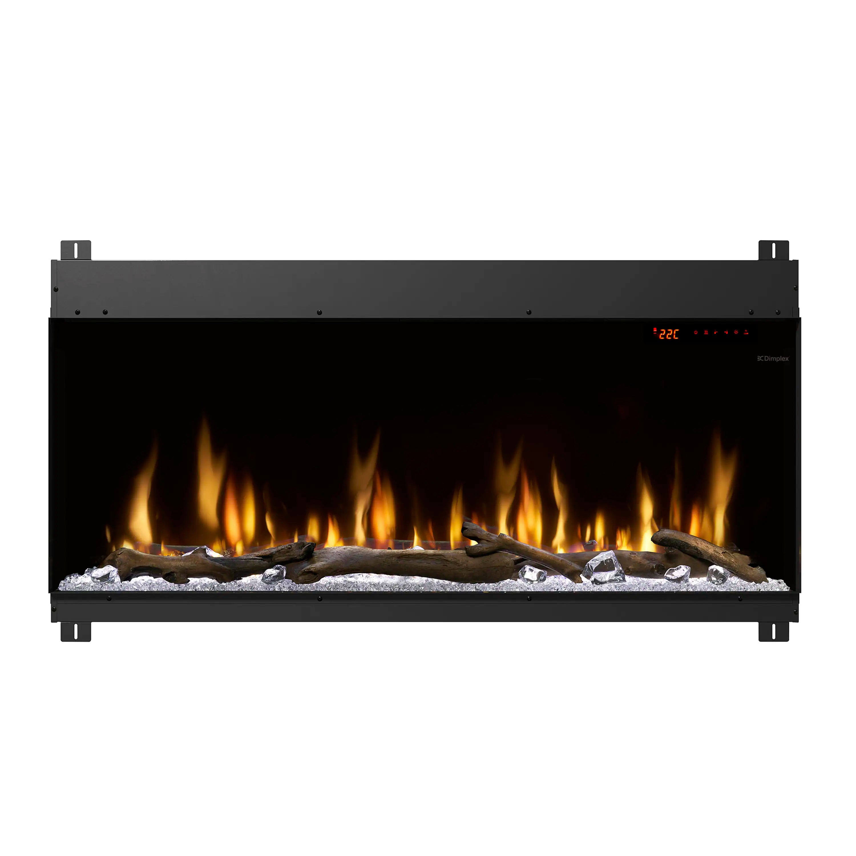 Linear electric fireplace with black surround and bright flame effect over stone and logs