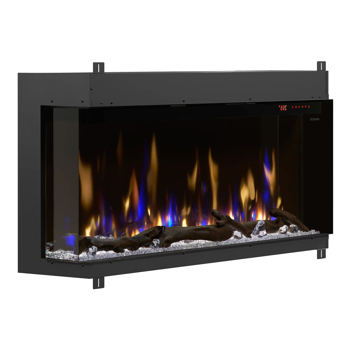 Built-in linear electric fireplace insert with blue flames over gray glass crystals