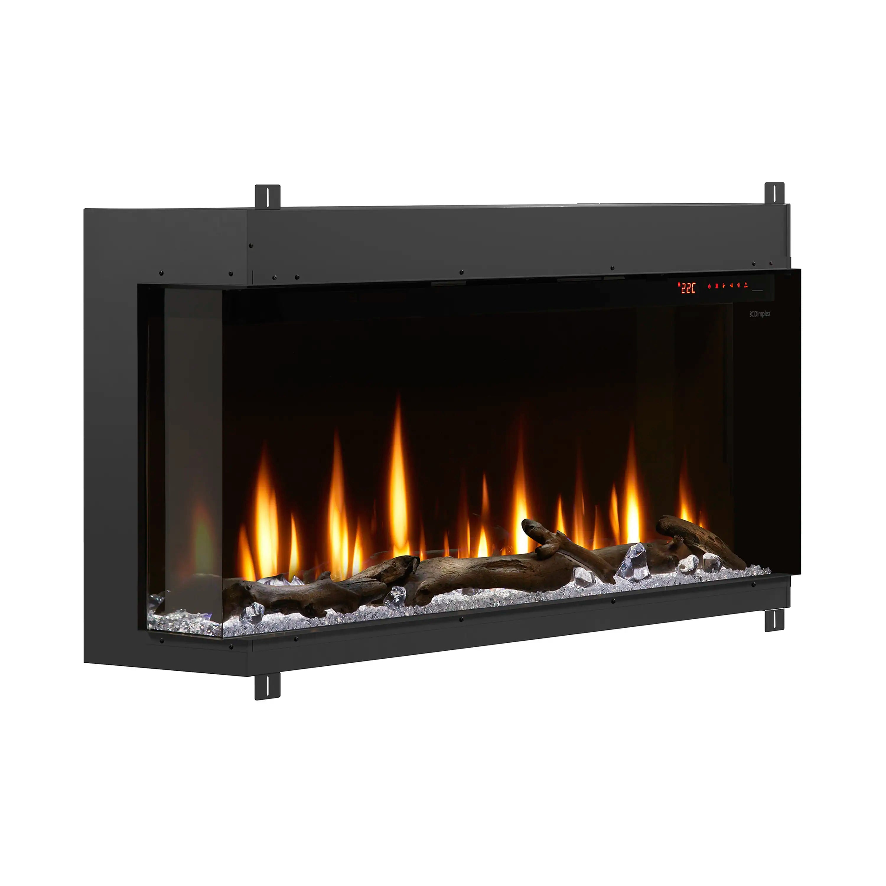 Built-in linear electric fireplace in black with glowing flames and faux log and stone bed
