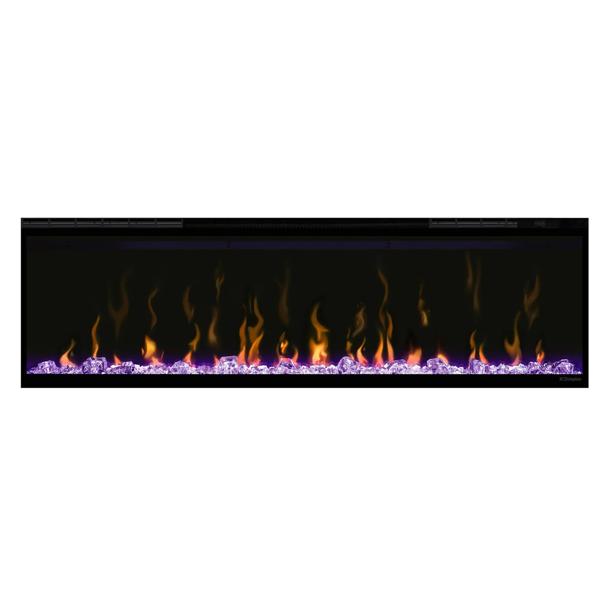 Dimplex IgniteXL linear electric fireplace with purple-blue flame lighting and embers