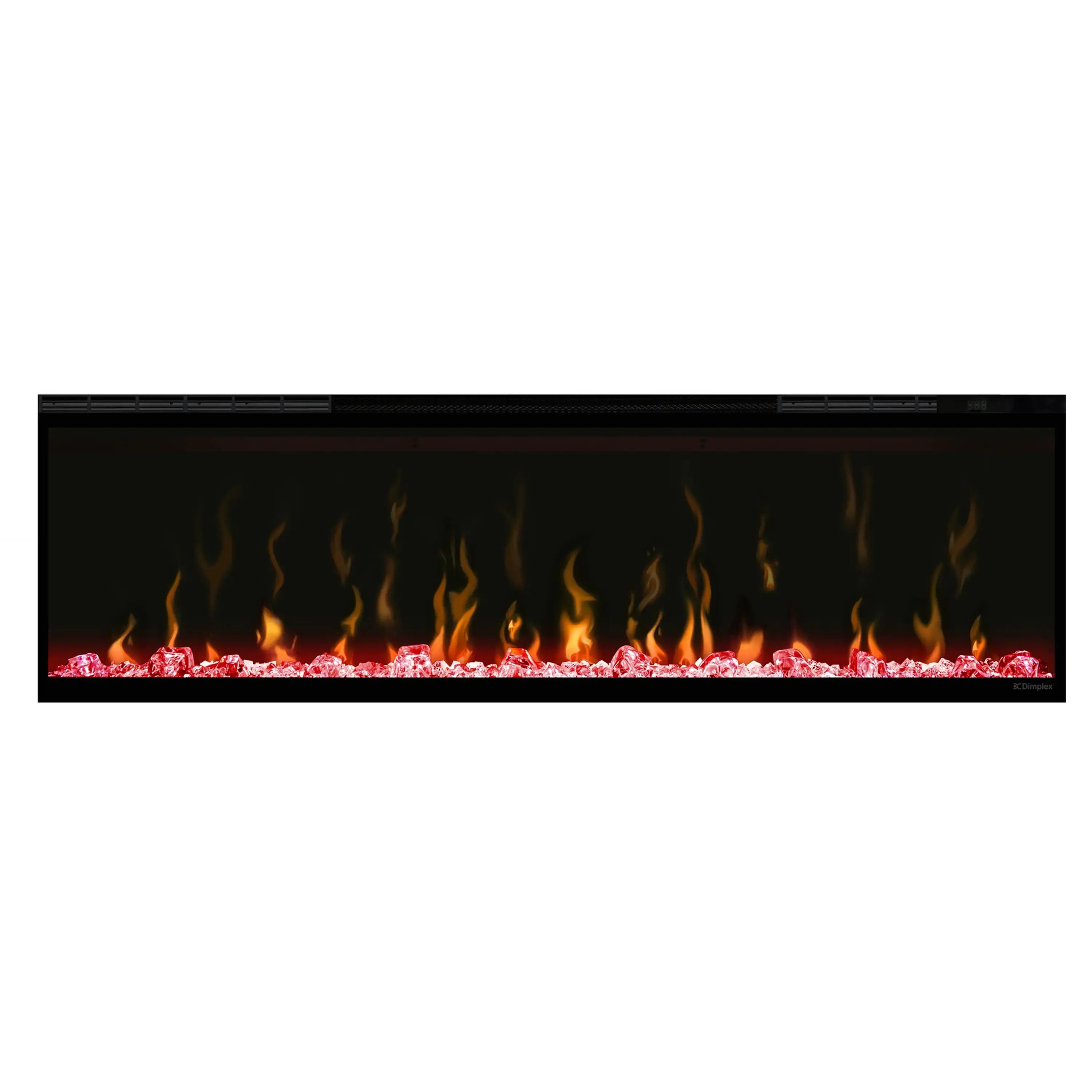 Black linear electric fireplace close view with orange flames and red ember bed