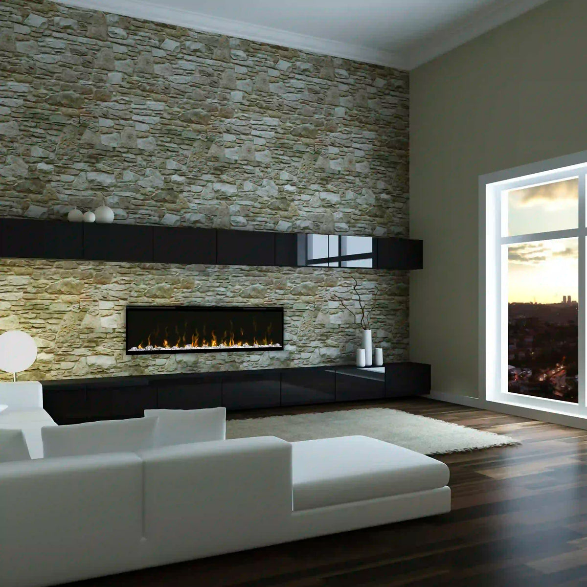 Built-in linear electric fireplace in wall niche with black frame and flame