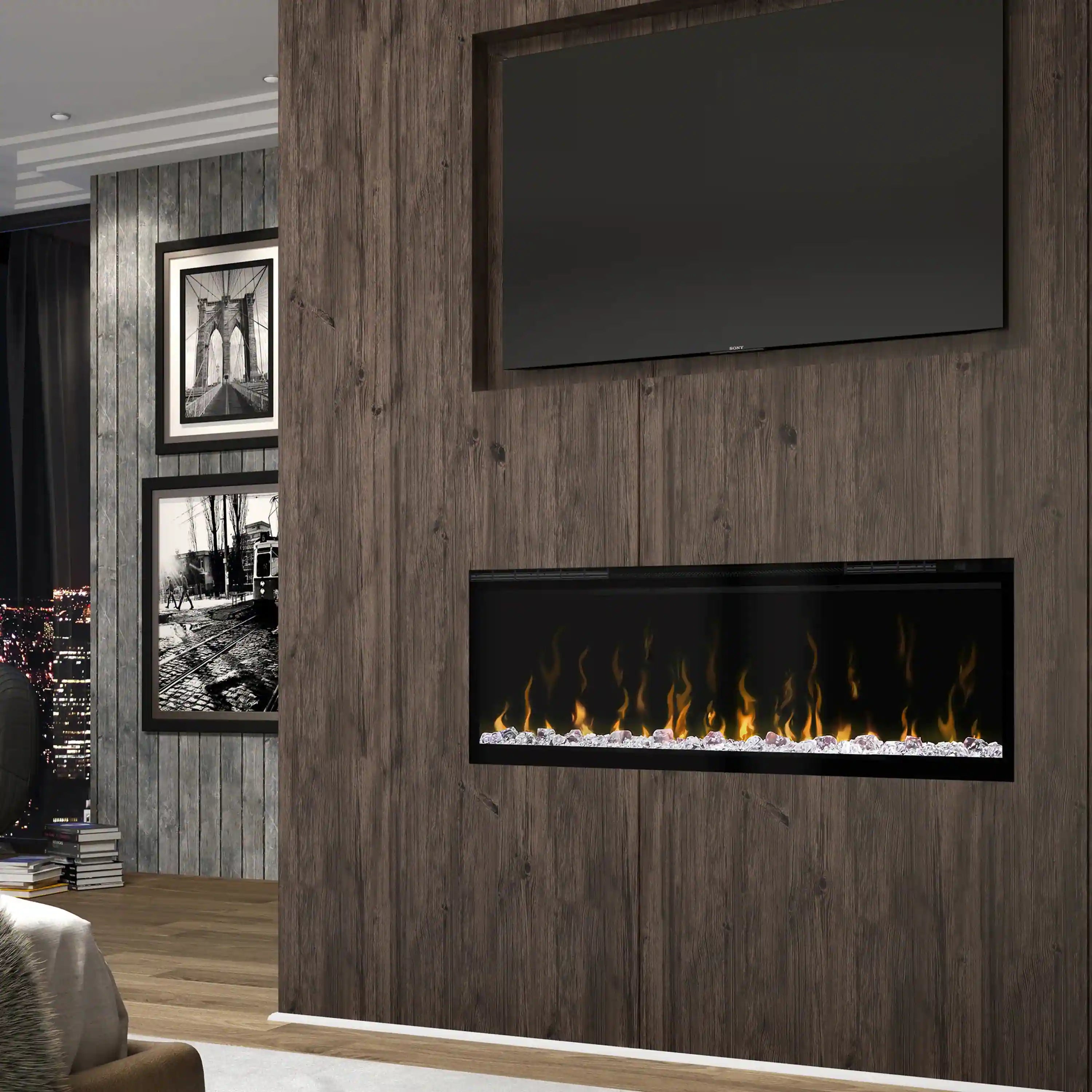 Built-in linear electric fireplace with black frame and realistic flame effect