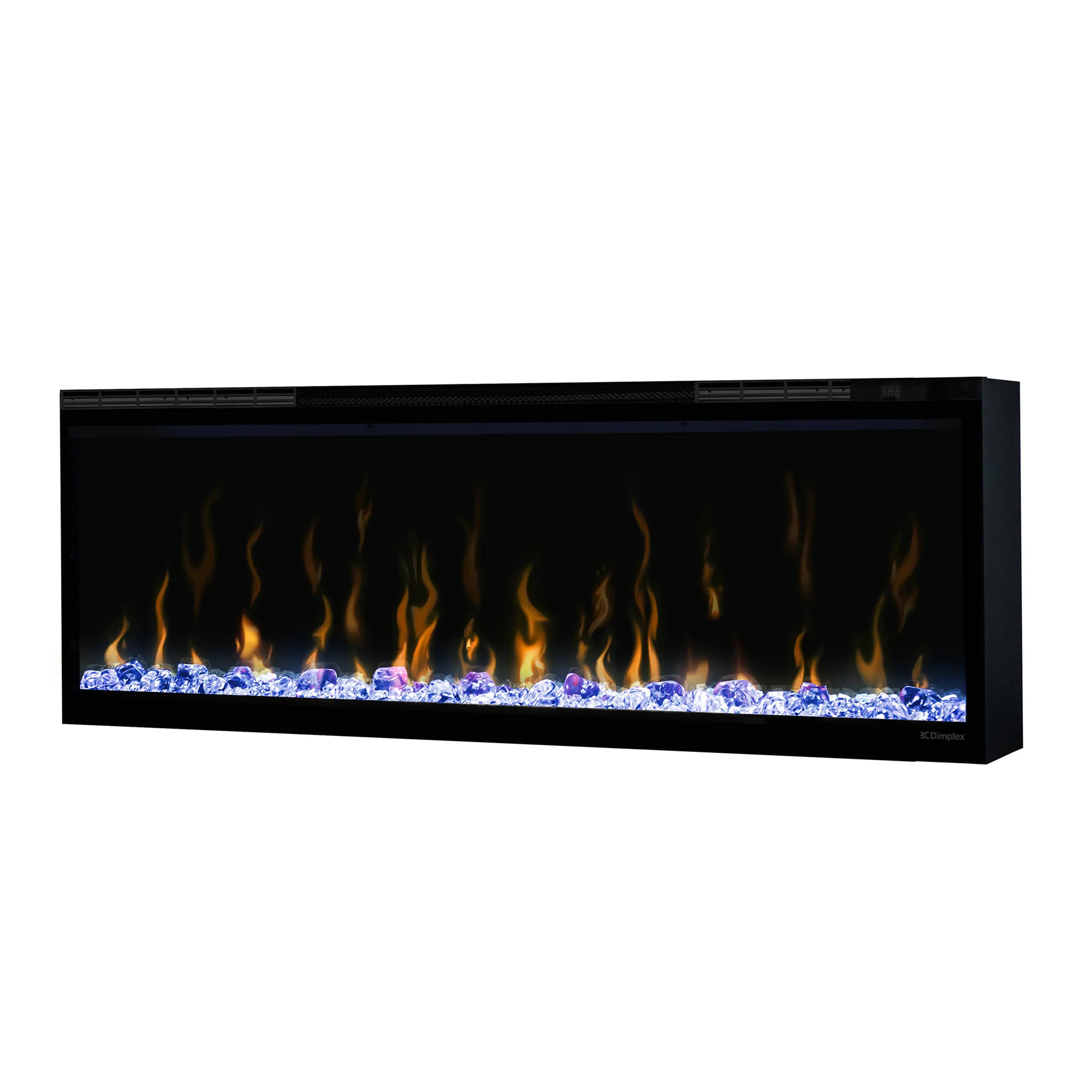 Black linear electric fireplace with orange flames and blue ember bed glow