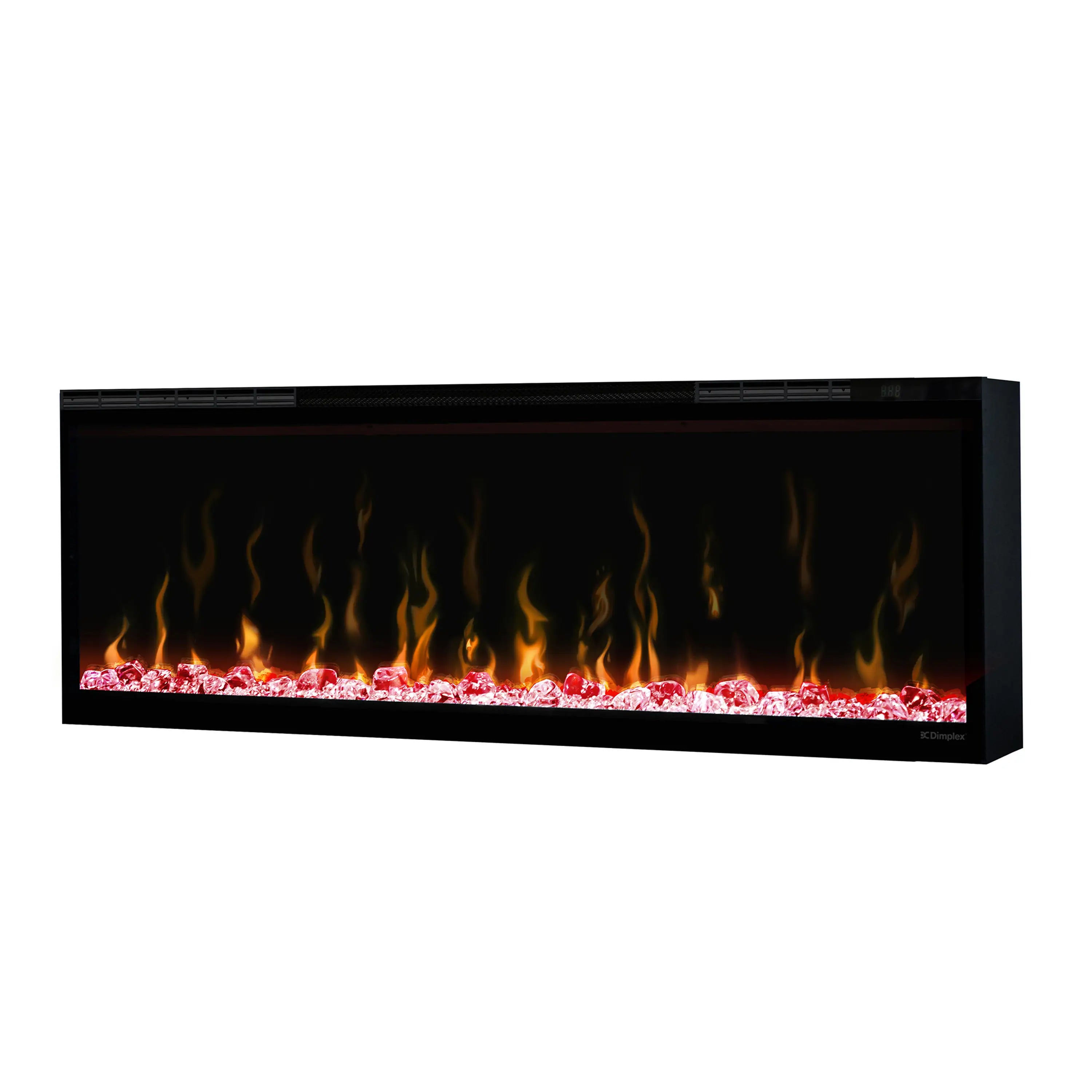 Black linear electric fireplace with orange flames and red ember bed glow