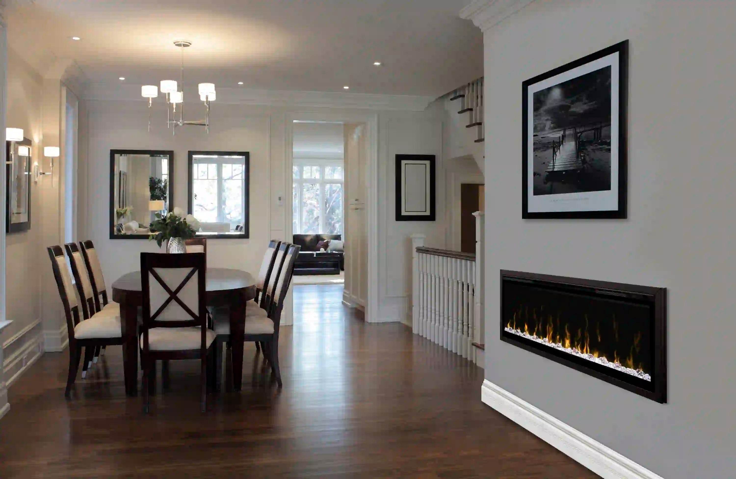 Black 60-inch fireplace trim with flame effect insert, wall-mounted