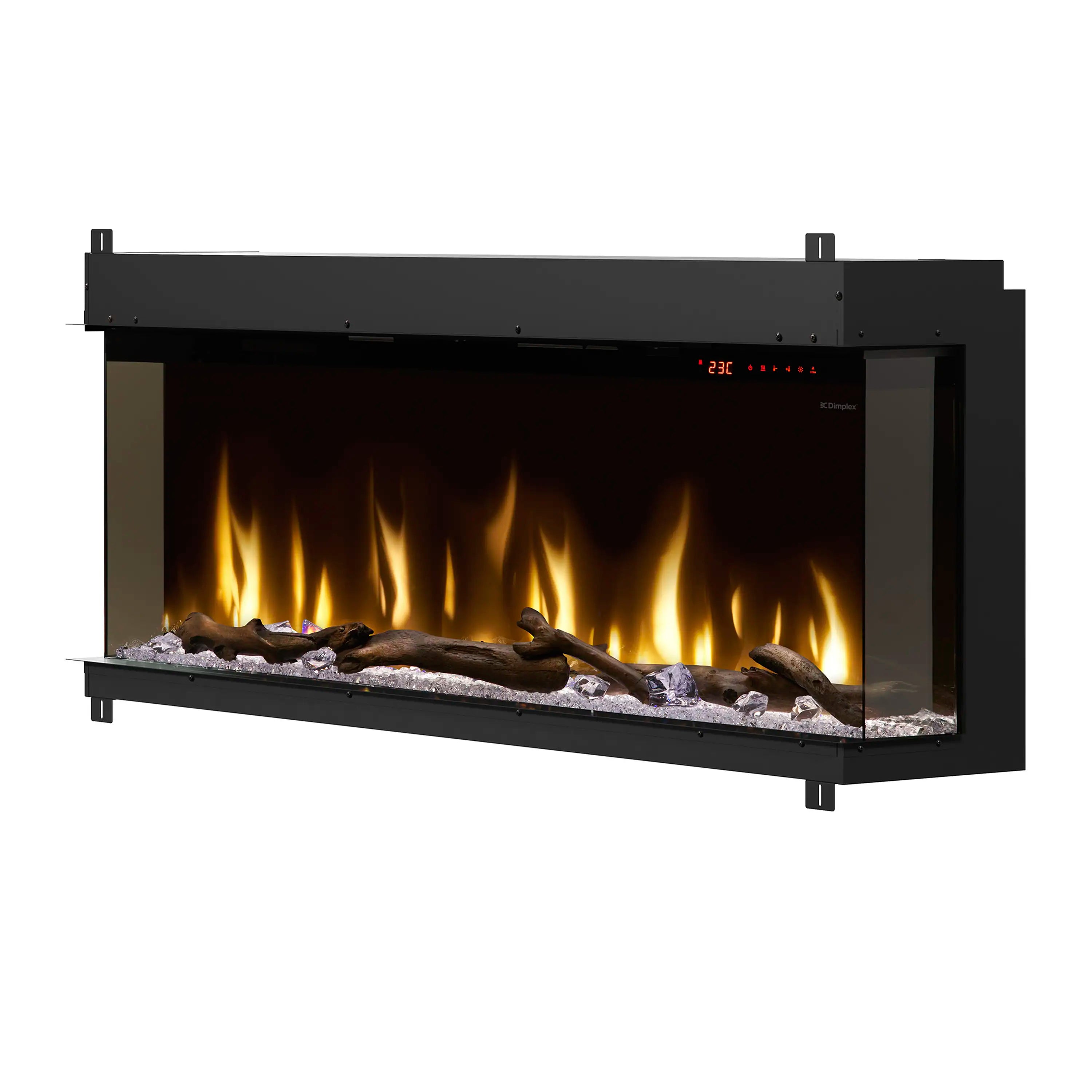 Black built-in linear electric fireplace with warm flames and faux log ember bed