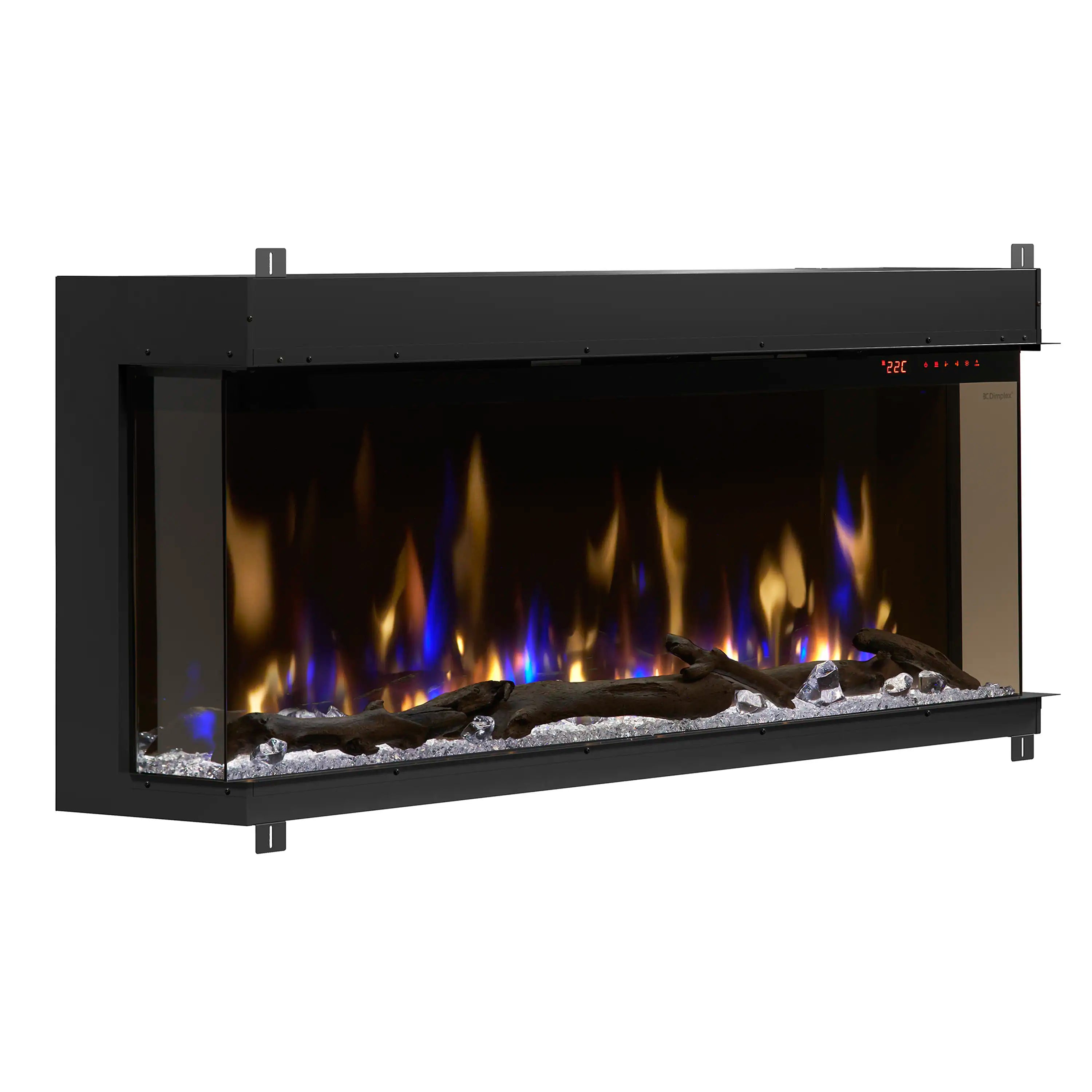 Black linear electric fireplace with yellow and blue flame effect over faux logs