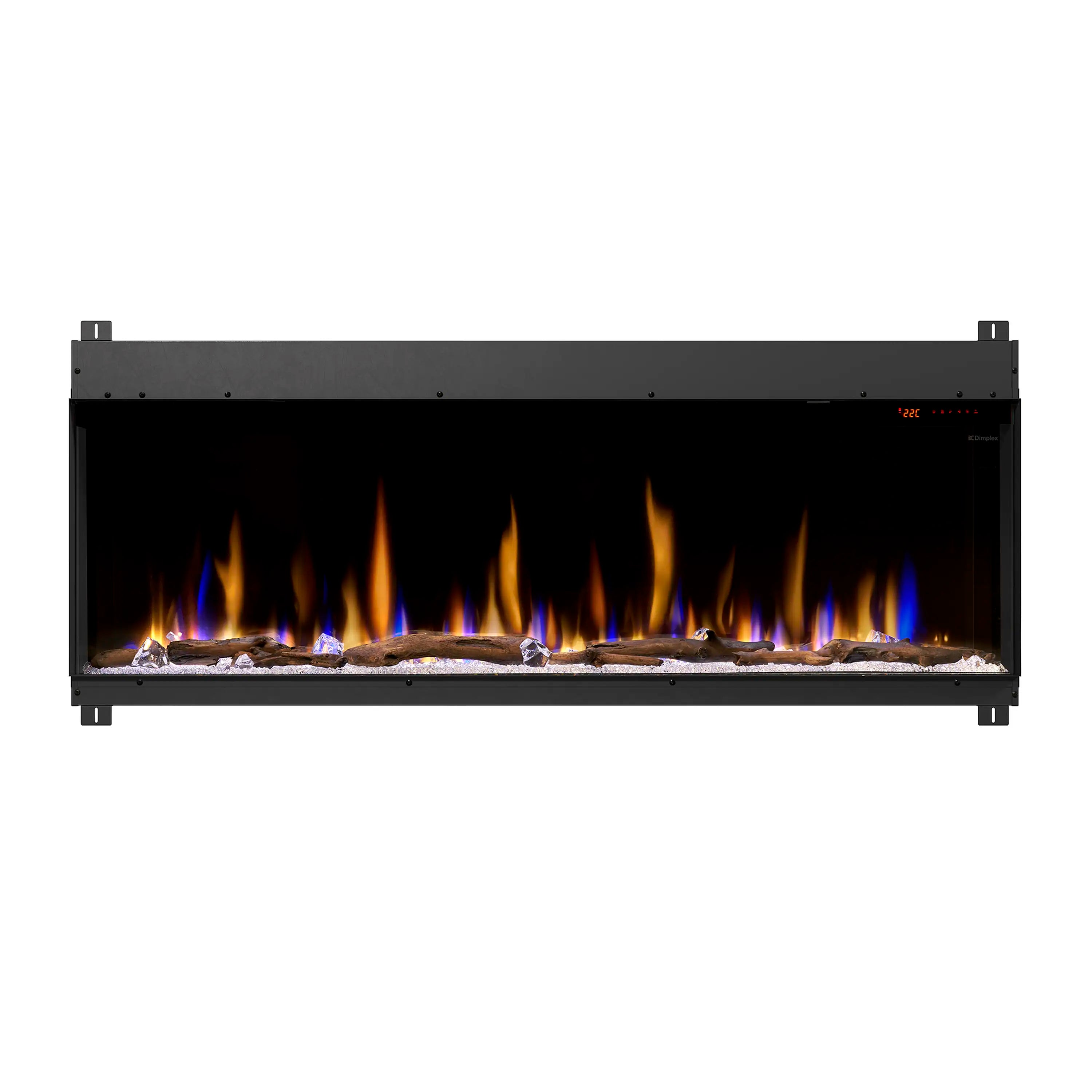 Linear electric fireplace with black frame and glowing flame effect log bed