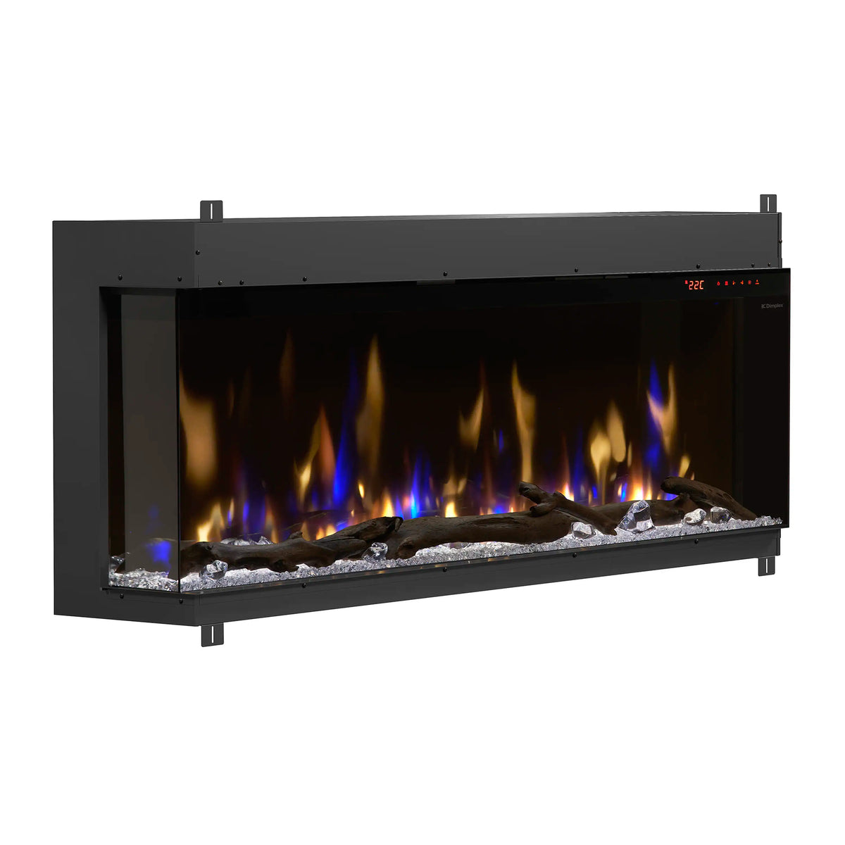 Built-in linear electric fireplace with blue-tipped flames and gray ember stones