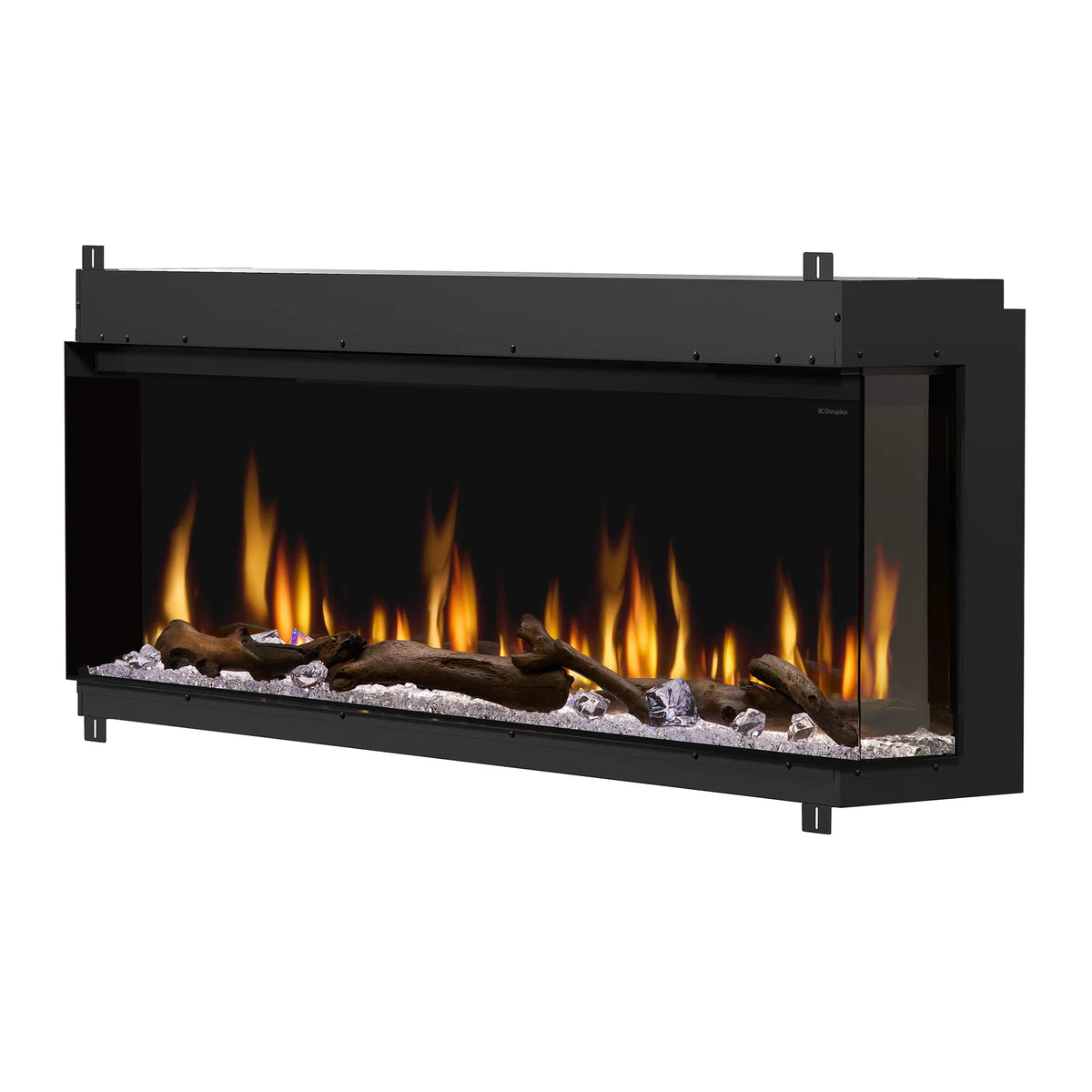 Black built-in linear electric fireplace with glowing flames and faux log ember bed