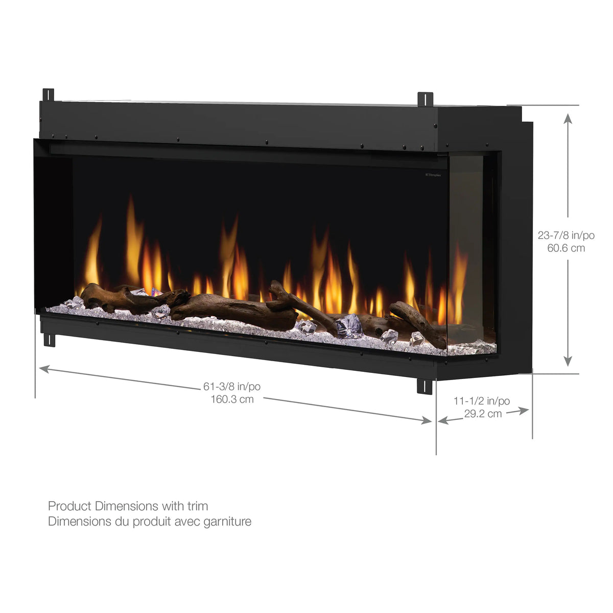 Black linear electric fireplace insert with flame effect and gray rock ember bed