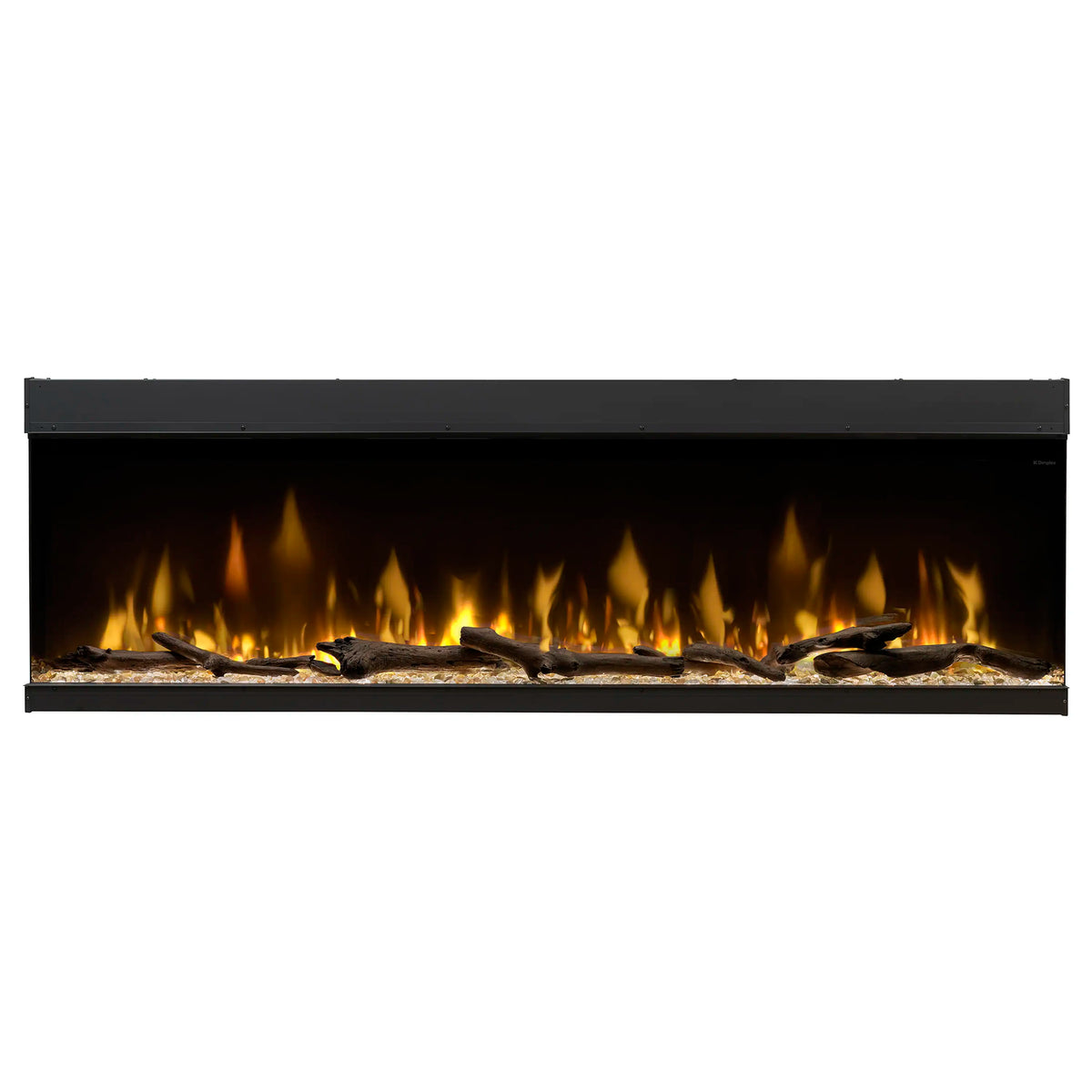 Built-in linear electric fireplace with black surround and bright flame effect