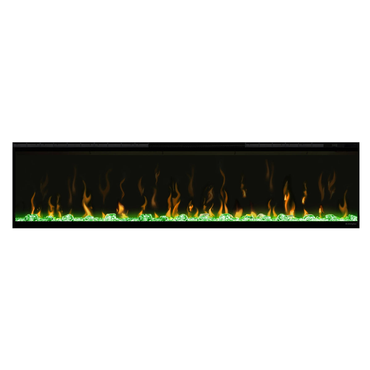 Black linear electric fireplace insert showing wide flame display behind glass window