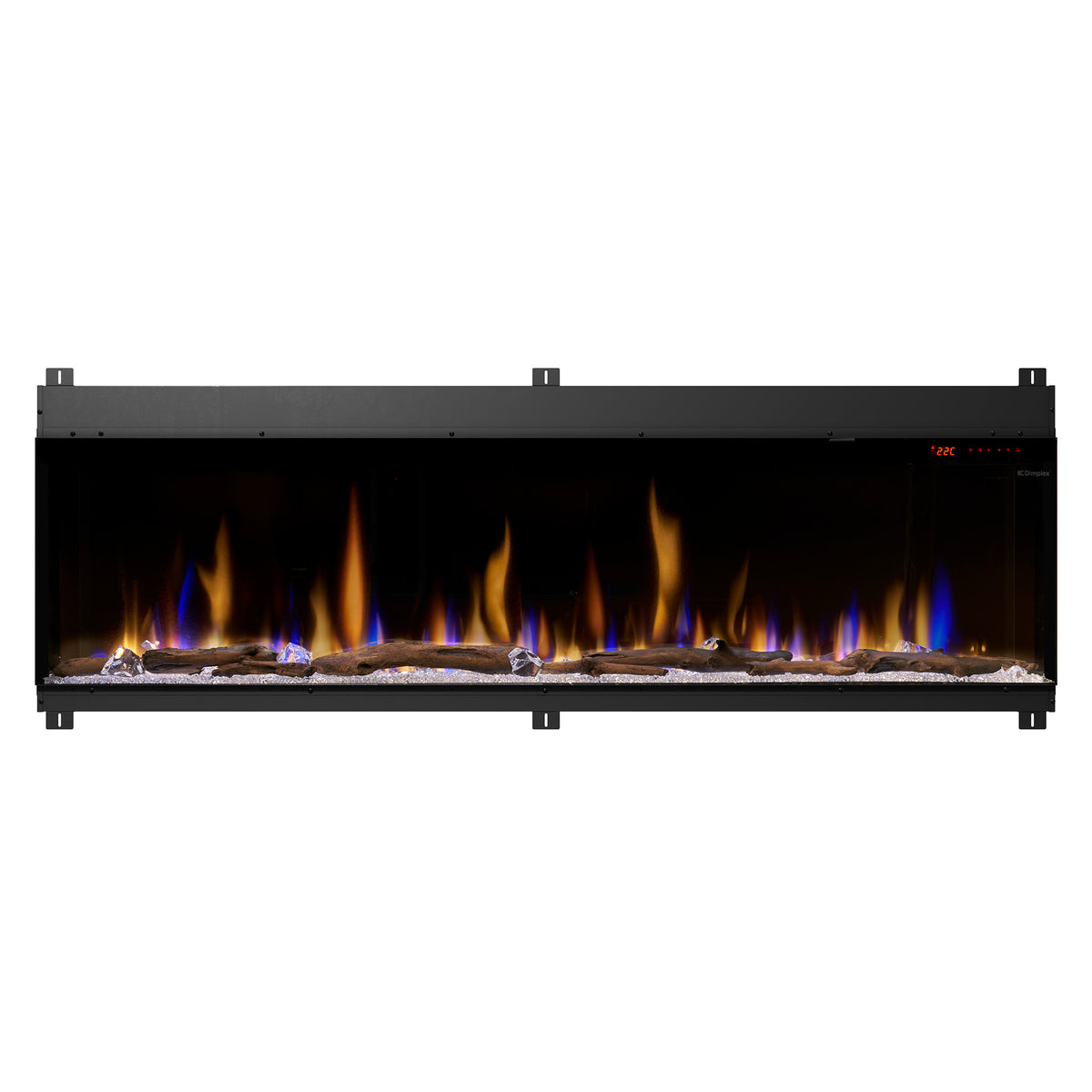 Built-in linear electric fireplace with flame bed featuring blue and orange flames