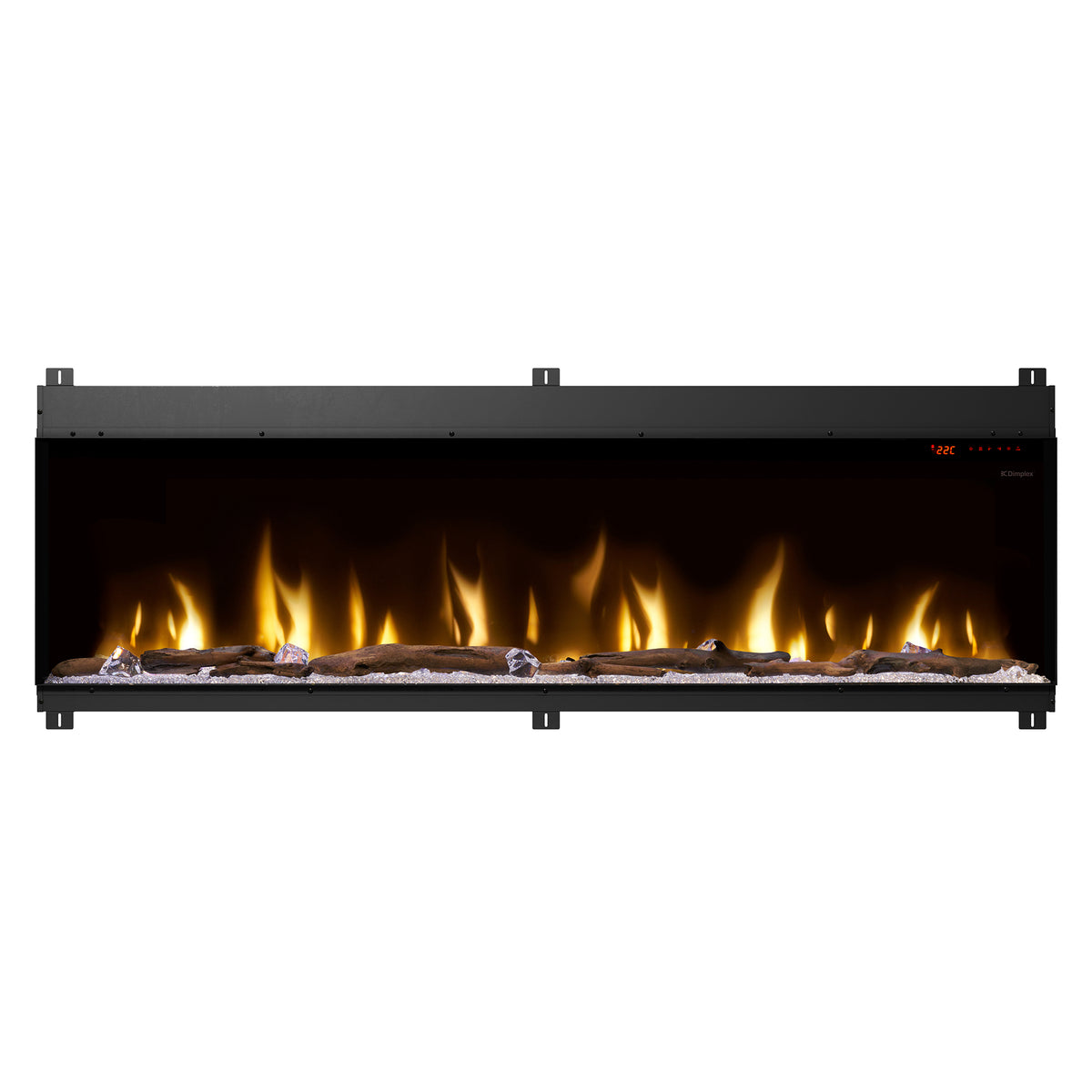 Built-in linear electric fireplace with black frame, bright orange flames across the front