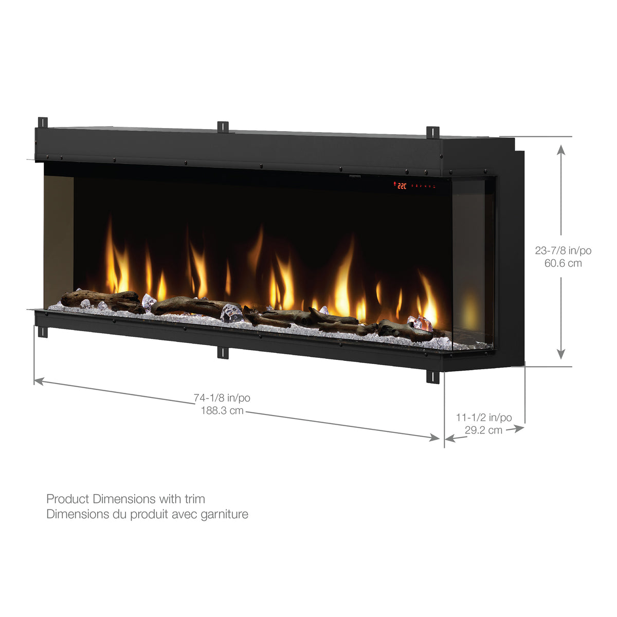 Built-in linear electric fireplace front view with flame window and dimension lines