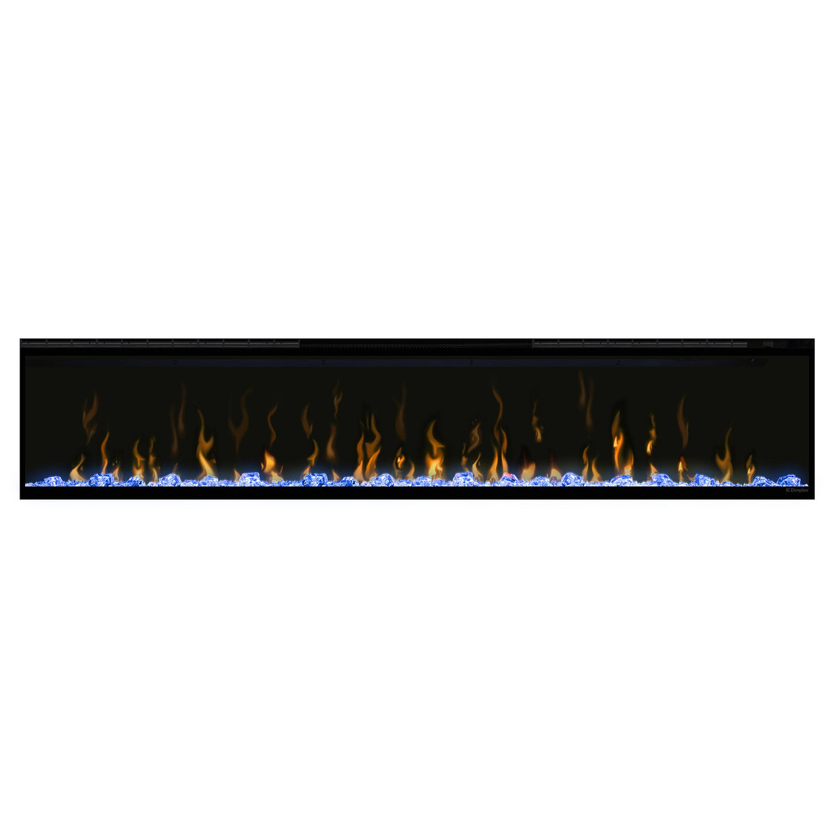 Black linear electric fireplace with blue flame-effect glow behind glass