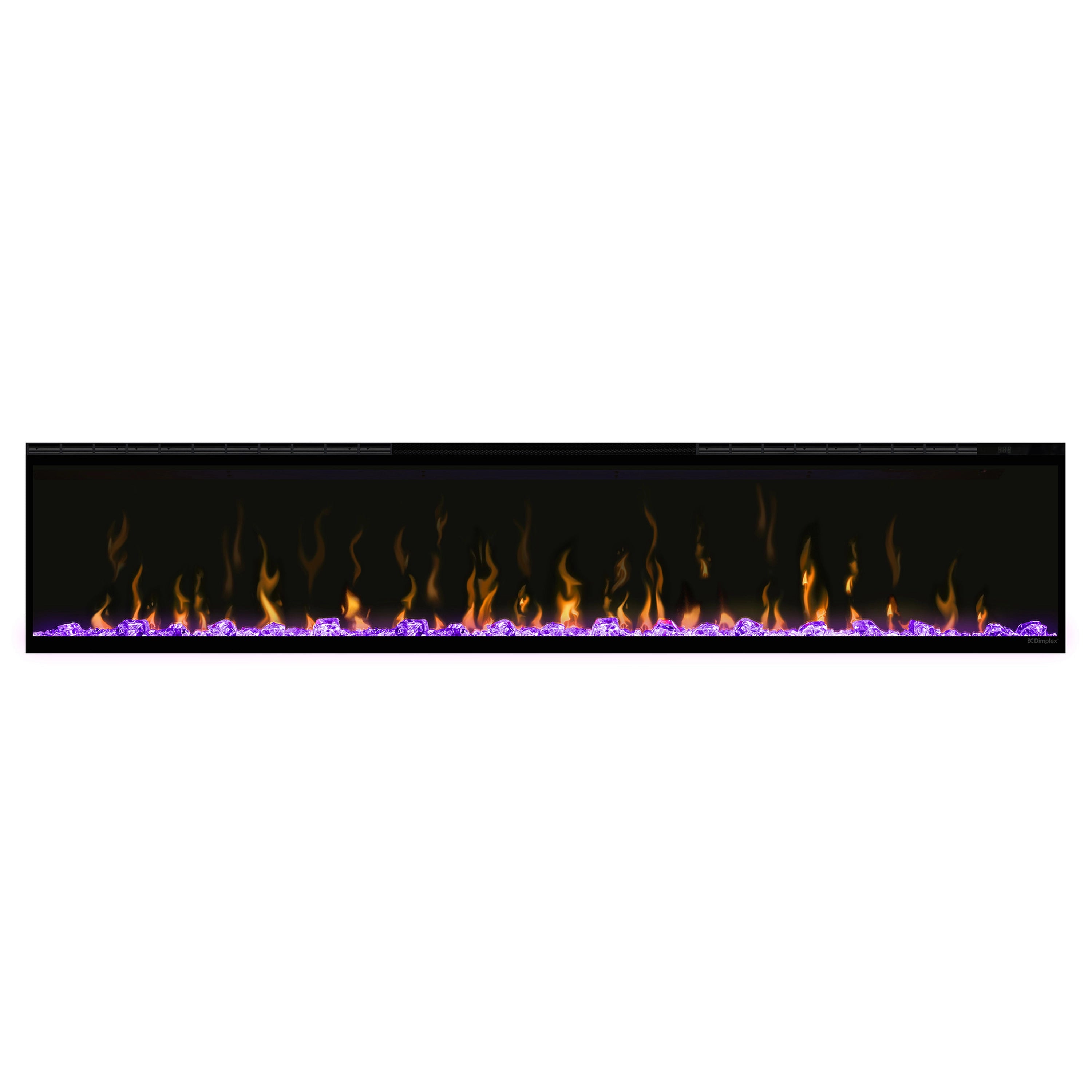Black linear electric fireplace with purple-blue flame-effect glow behind glass