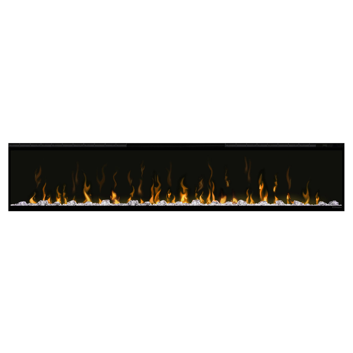 Black linear electric fireplace with multicolor flame-effect glow behind glass
