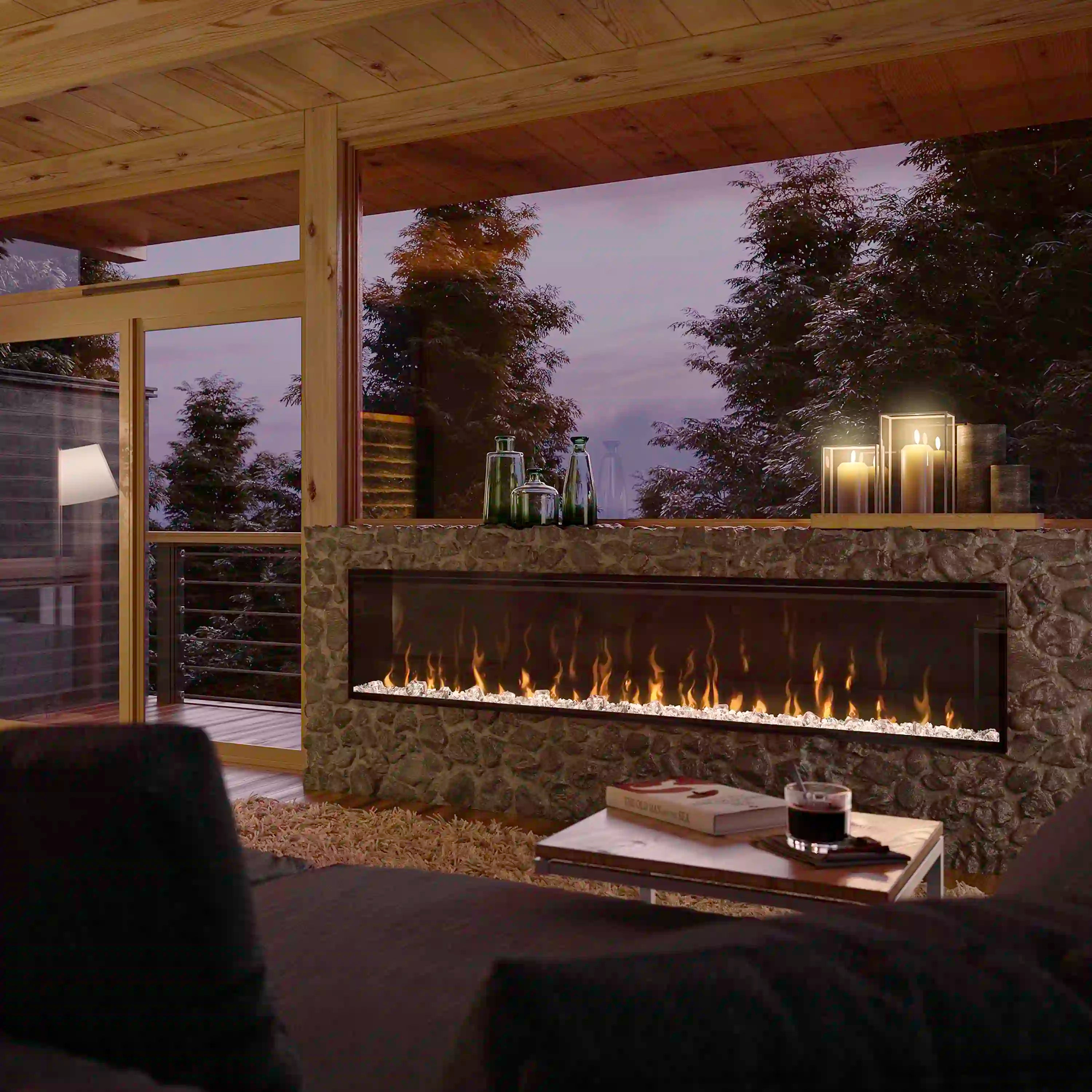Built-in linear electric fireplace with black frame and bright orange flame glow