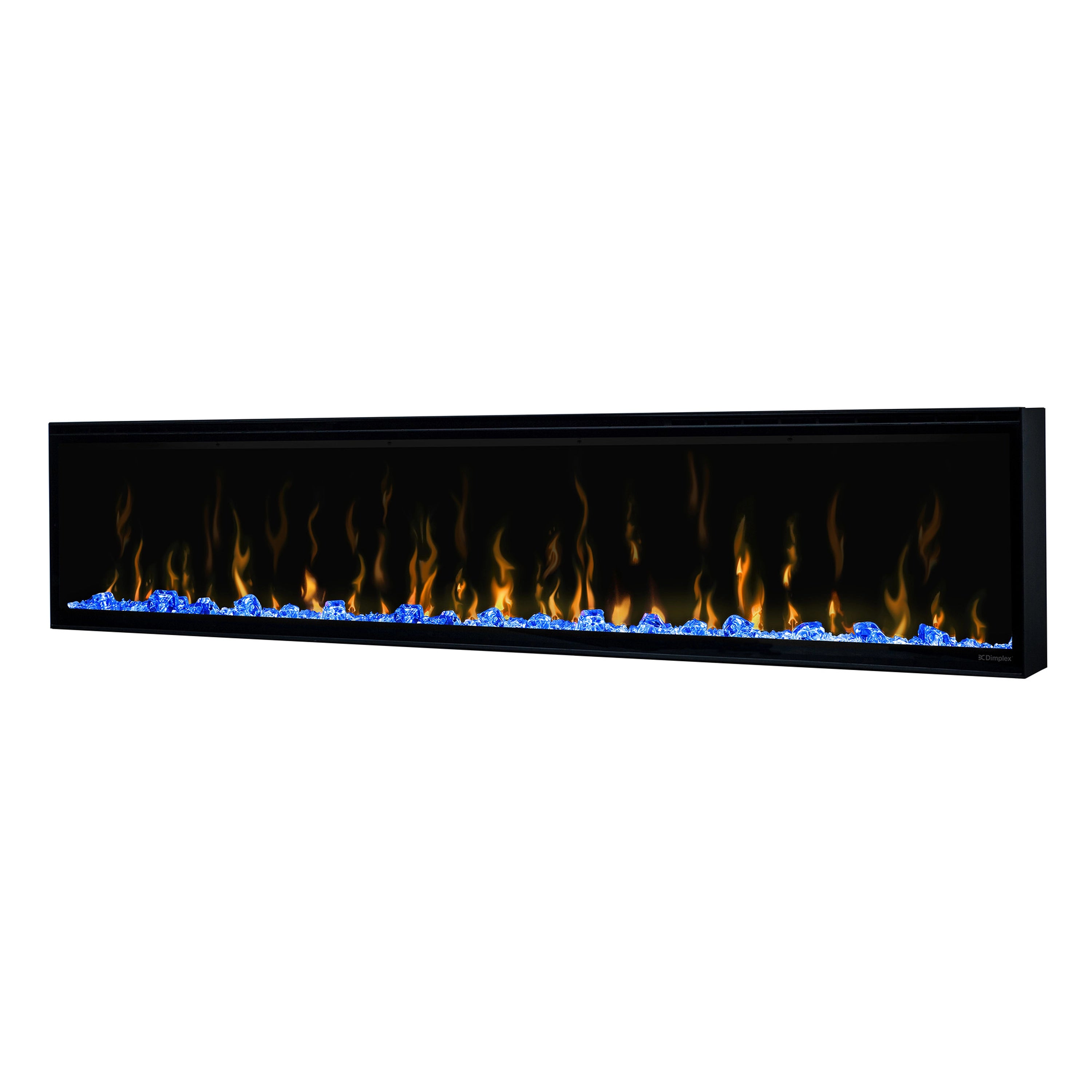Built-in linear electric fireplace with black bezel and blue flame effect