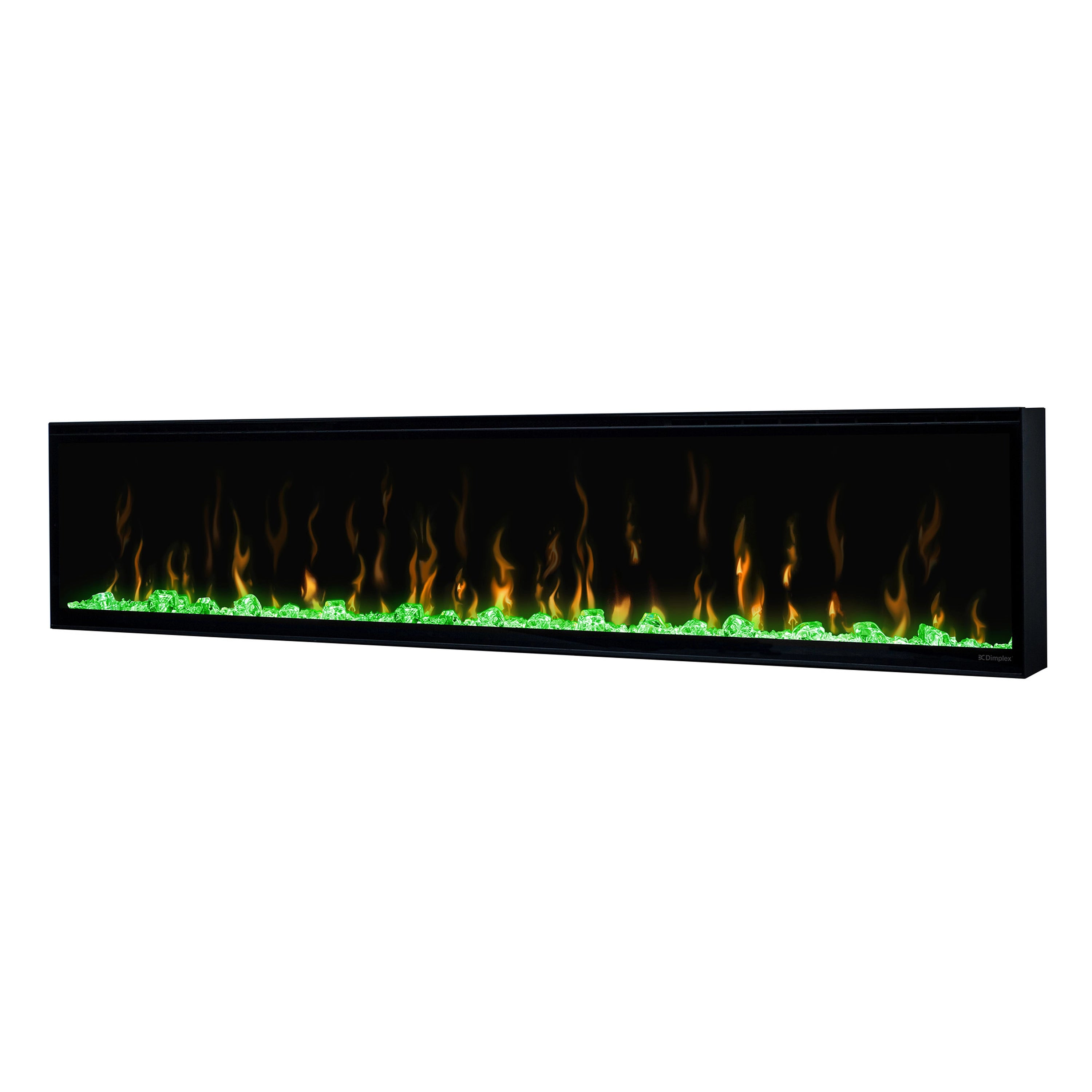Black linear electric fireplace with flame-effect glow behind glass frame