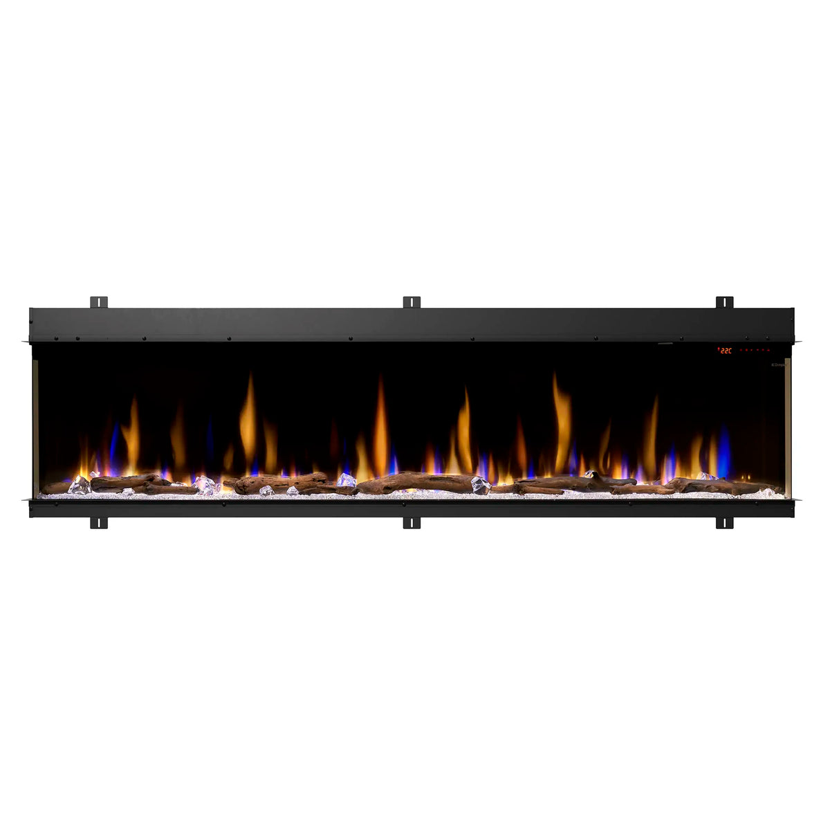 Built-in linear electric fireplace with vivid flame display behind dark viewing panel