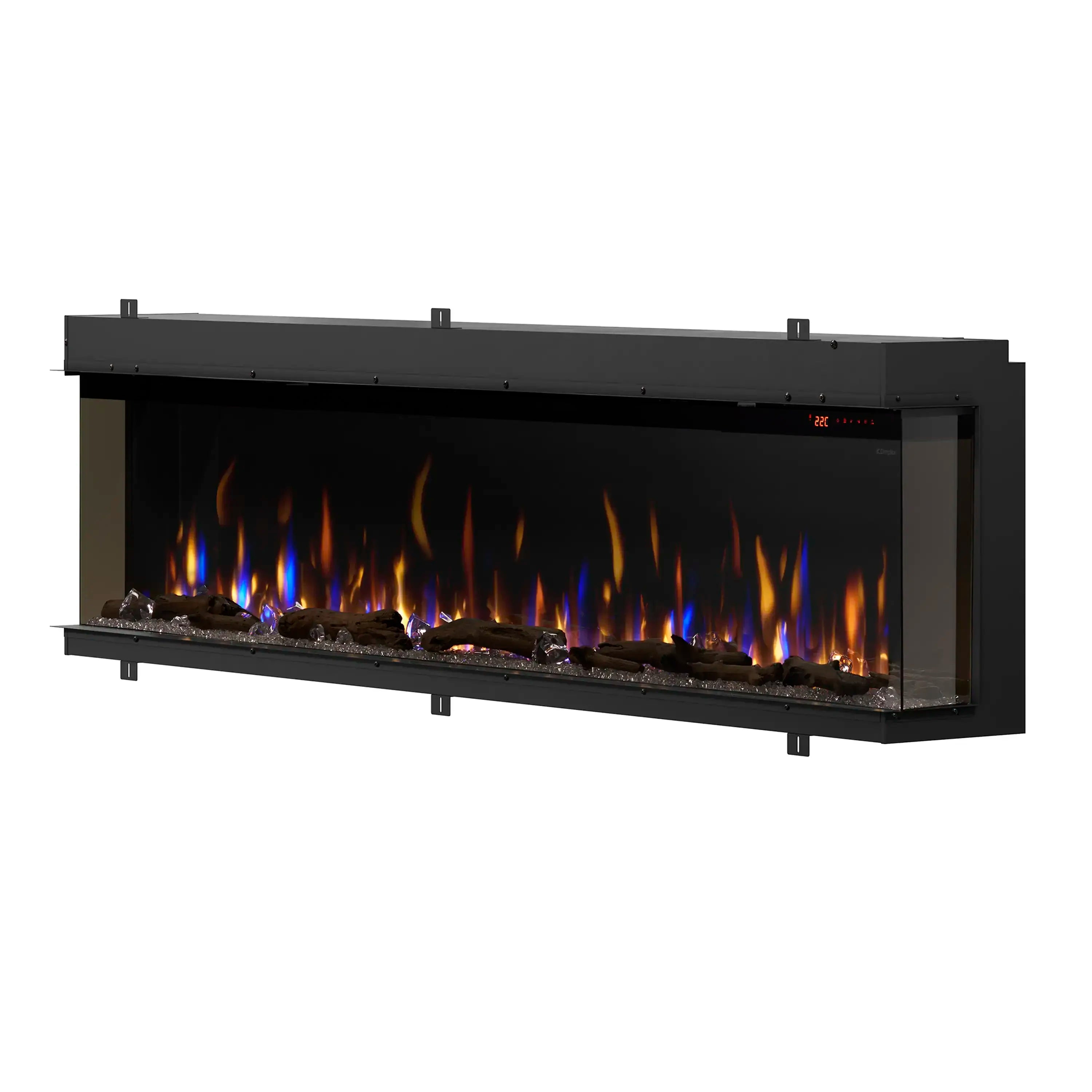Built-in linear electric fireplace with glowing flame effect and dark glass surround
