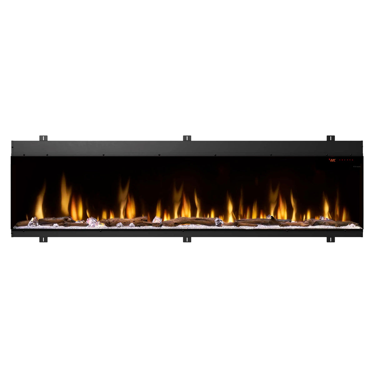 Built-in linear electric fireplace with bright flames and gray faux log bed on black base