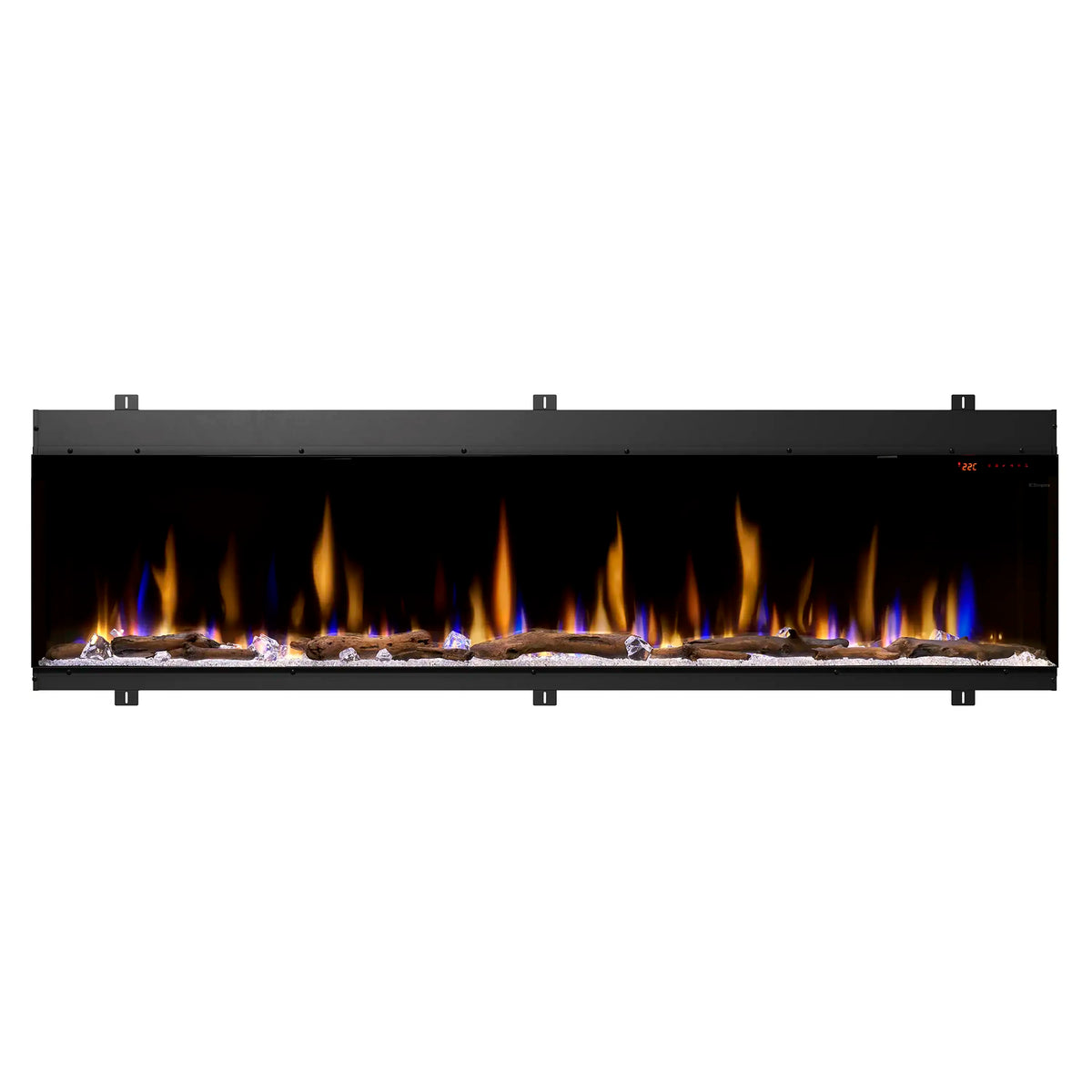 Built-in linear electric fireplace insert showing bright multi-color flame effect