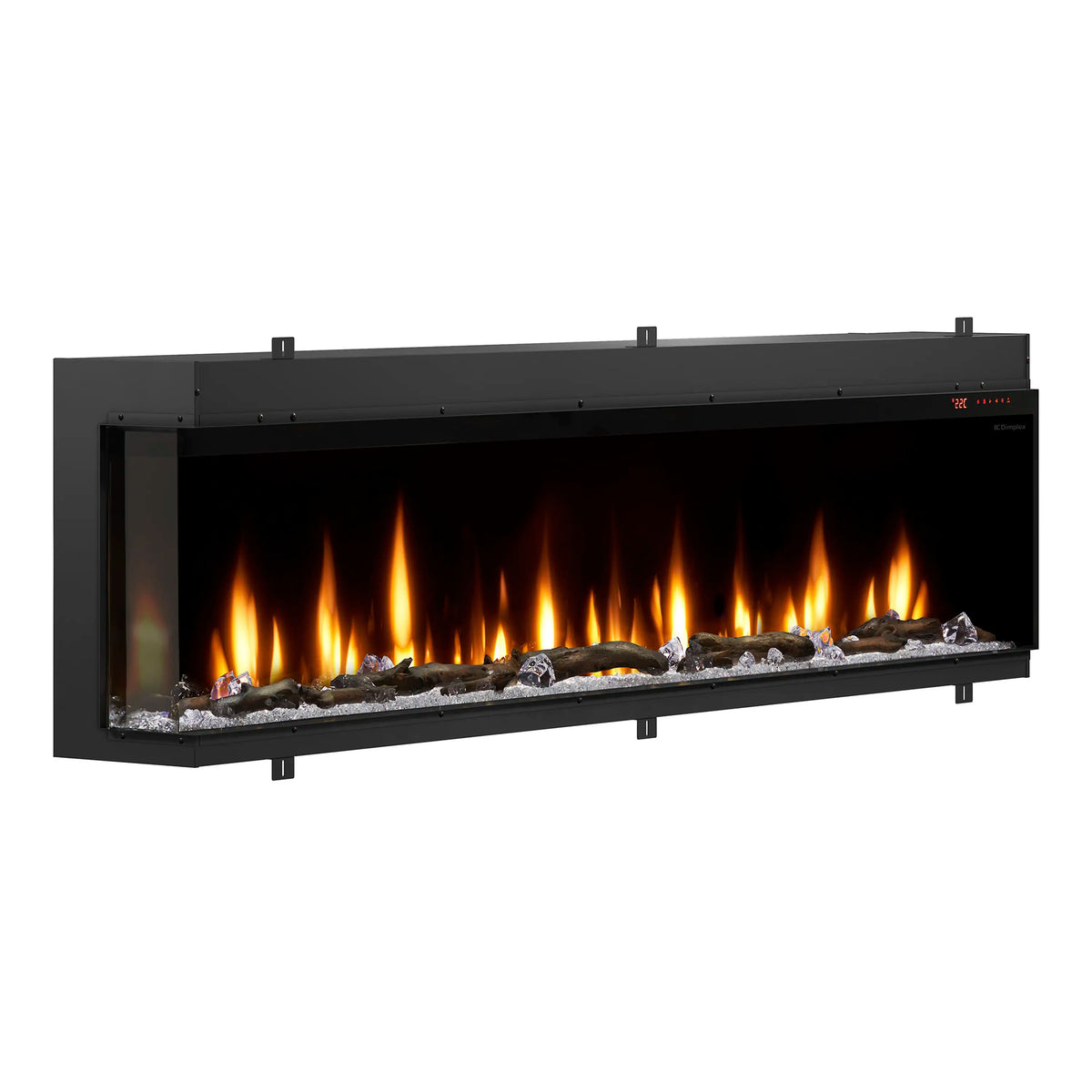 Black linear electric fireplace unit with orange flame window and ember bed