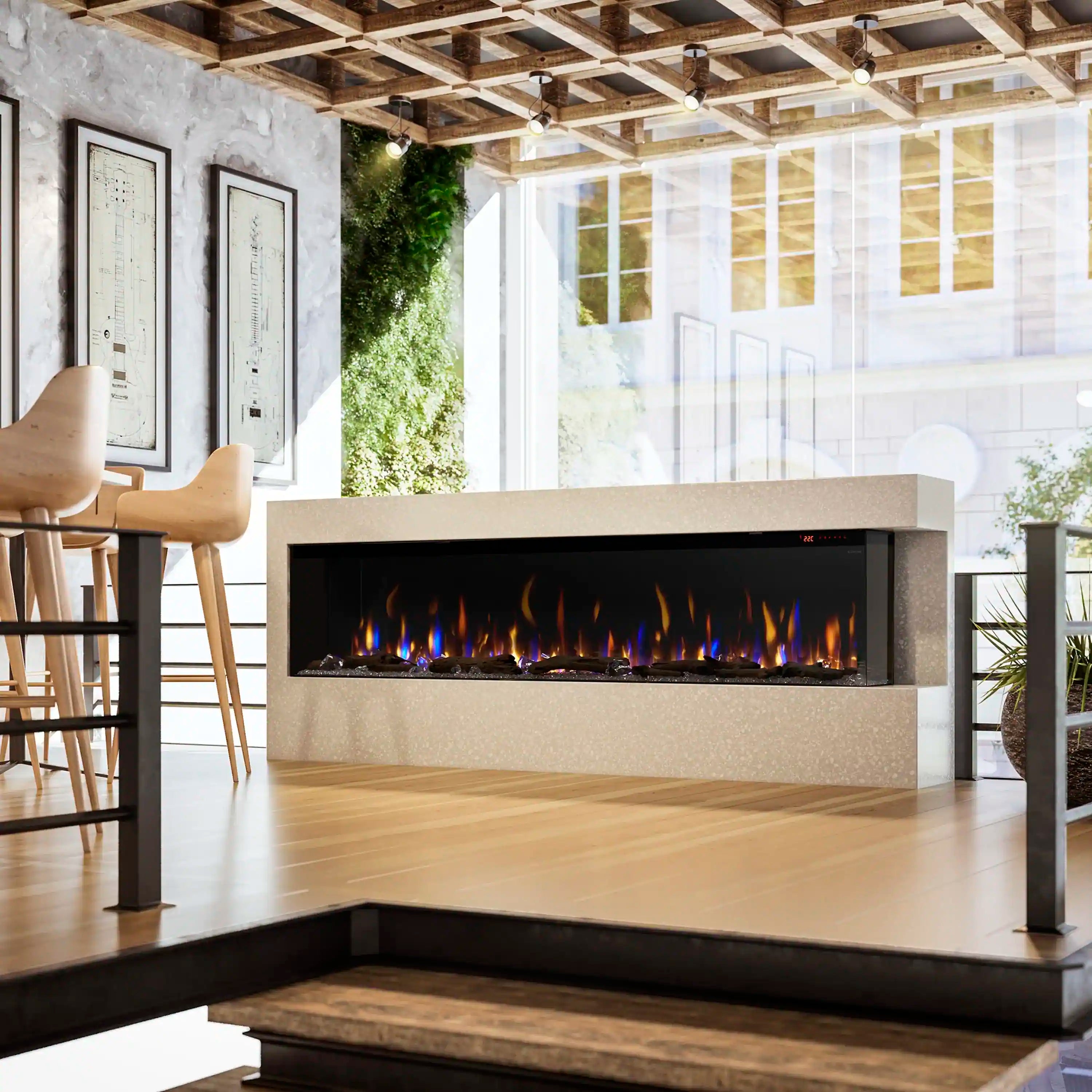 Built-in linear electric fireplace with glowing flames in a light-gray surround