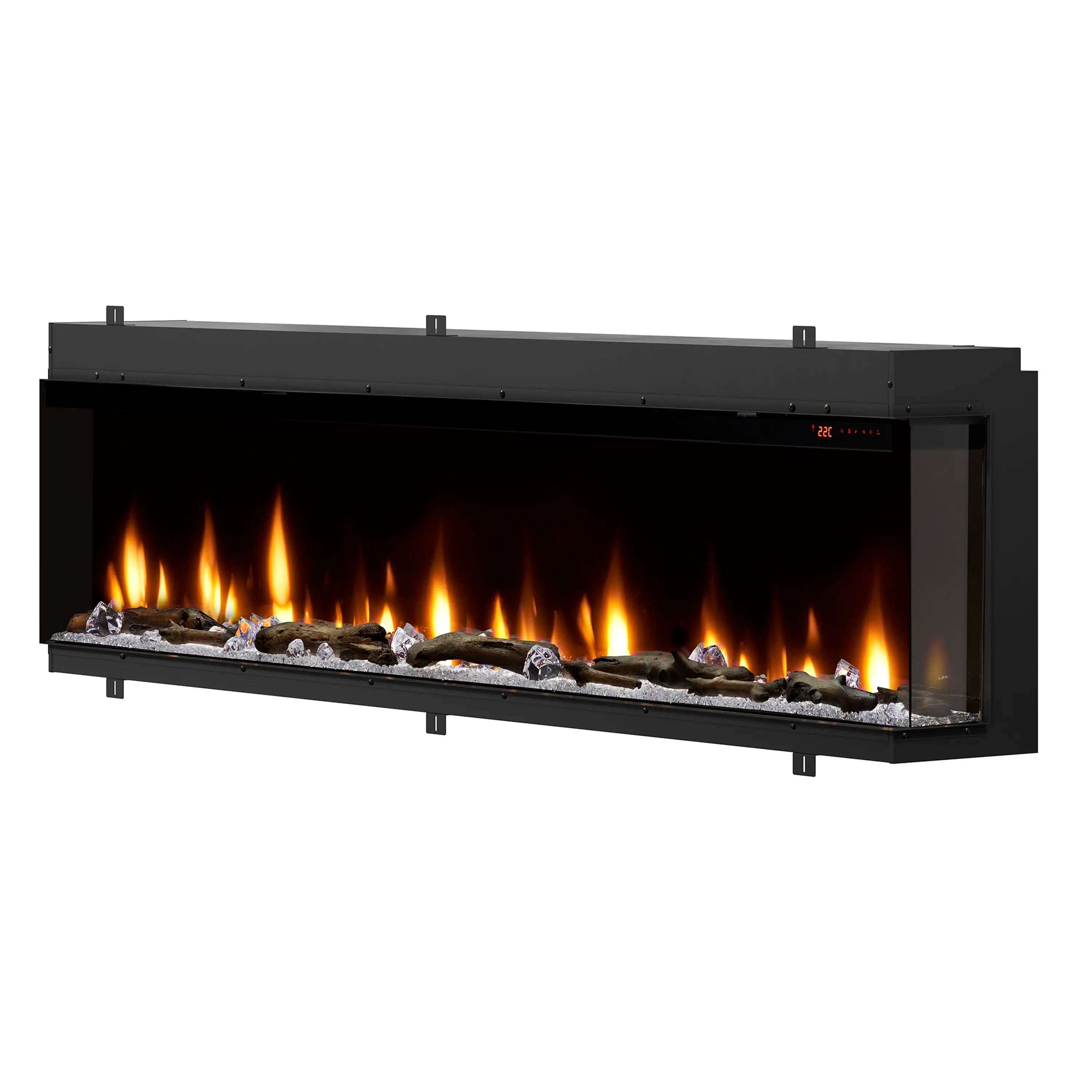 Built-in linear electric fireplace insert with orange flames and glass ember bed