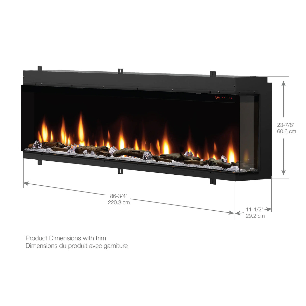 Built-in linear electric fireplace with black frame and glowing flame effect in glass front