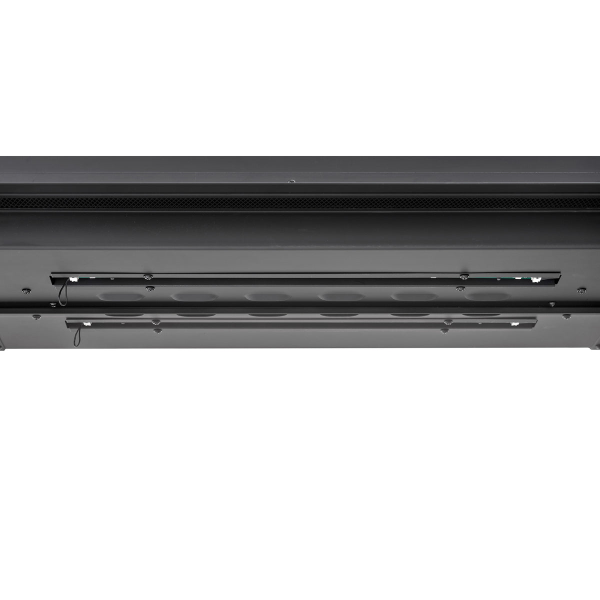 Underside of linear electric fireplace showing vents and mounting hardware